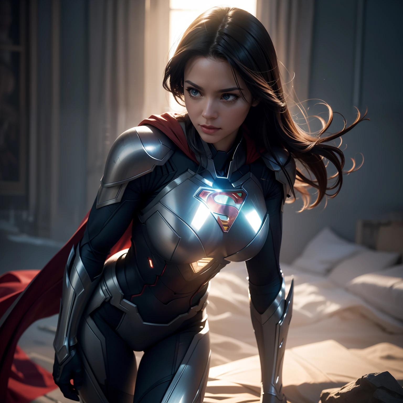 Superman (woman, Iron Suit) от DC Comics, CGI with clear focus, Photorealistic, high detail, Realistic, Masterpiece, absurdress, Best Quality, HDR, hiquality, hight resolution, Extremely detailed, 8k wallpaper, intricate details, 8K UHD, Full-HD, (foto realista:1.2), Contrast, sharp lighting, Cinematic lighting, natural lighting, hard light, Backlighting, Global Illumination, Environment Occlusion