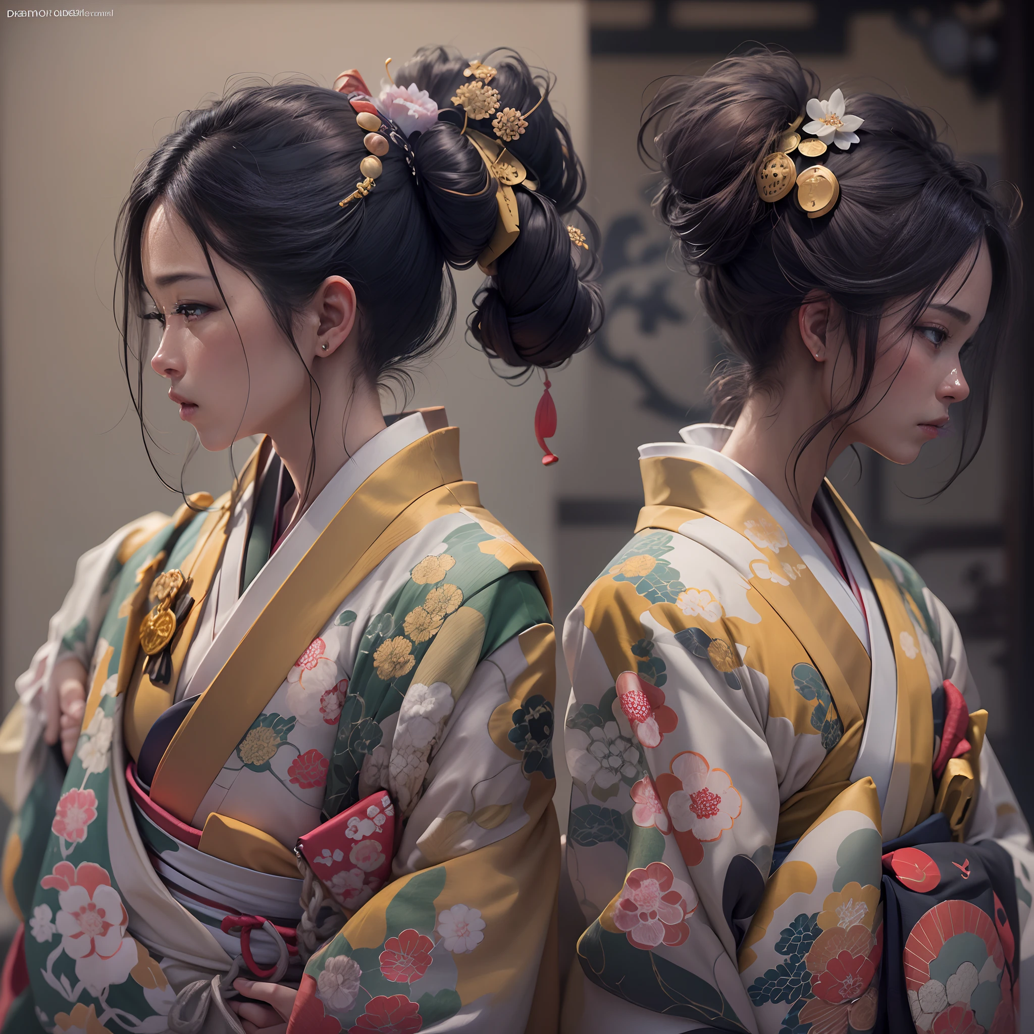 watching at viewers、Background with((The ancient capital of Japan:1.5)And the moon、((dense background))),BREAK {{{Luxury kimono(Colorful kimono(Detailed golden embroidery,))}}}、face perfect,Depict a beautiful and graceful woman of Japan。(poneyTail:1.5)、Woman with shiny black hair、perfect hand、Heart in the eye,Large breasts,full body Esbian。 Wallpaper 16K, .Blur the background with a sickle,((masutepiece)), ((Best Quality)),epicd(Lige Fries Photography、sony a7、50 millimeters、pores:1.5、Farbe、(ultra-detailliert:1.5)、(film grains:1.4)、(hyper realisitic:1.8))、octan render、 ultra realistic lifelike textures、​masterpiece、unrealengine5、the Extremely Detailed CG Unity 8K Wallpapers、Madly detailed photo、Ultra-realistic light、(Pulitzer Prize for Best Photography、Taylor Wessing Award for Best Photography)