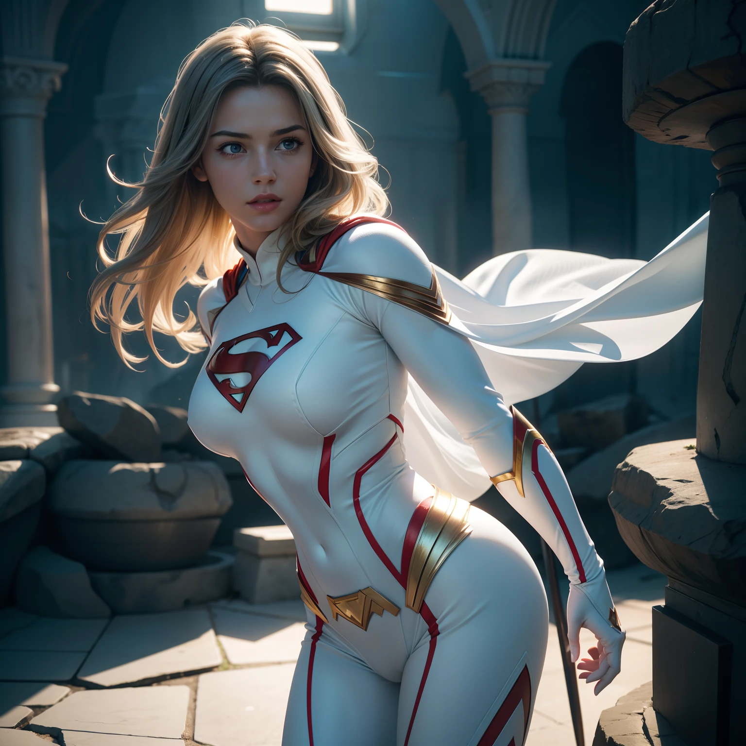 Superman (woman, White costume) от DC Comics, CGI with clear focus, Photorealistic, high detail, Realistic, Masterpiece, absurdress, Best Quality, HDR, hiquality, hight resolution, Extremely detailed, 8k wallpaper, intricate details, 8K UHD, Full-HD, (foto realista:1.2), Contrast, sharp lighting, Cinematic lighting, natural lighting, hard light, Backlighting, Global Illumination, Environment Occlusion