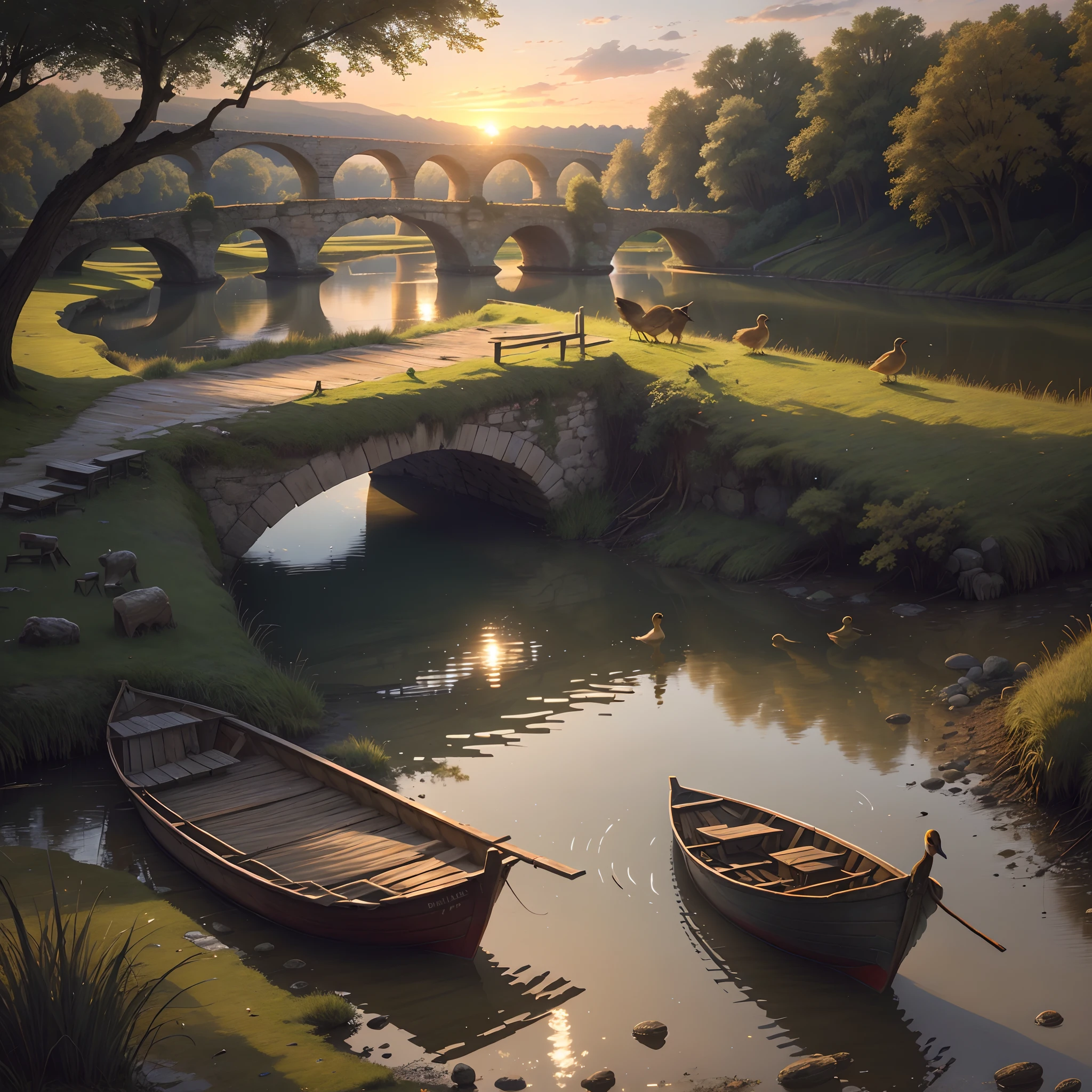 Best quality, realistic, realistic, extremely detailed, extremely refined and beautiful, RAW photos, an old and dilapidated stone bridge, under the stone bridge there is a small river leading to the distance, the river is flowing slowly, the river comes from afar, and flows in another direction, there is a wooden boat on the river, a few wild ducks fall on the wooden boat, the banks of the river are covered with dense reeds, the sunset reflects the river, sparkling, very beautiful scenery.