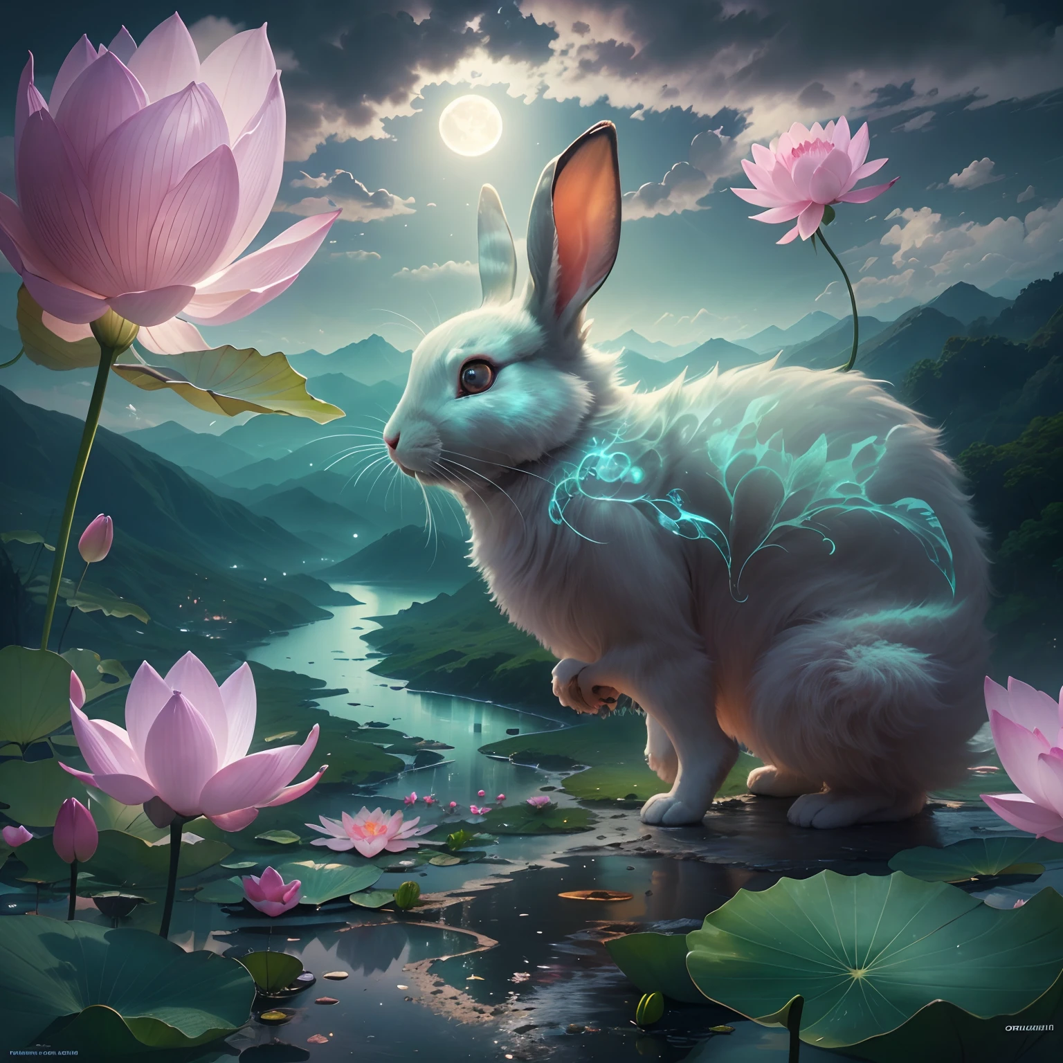 Huge Full Moon,Translucent ethereal animal rabbit,lotus flower,Lotus leaf,Green mountains in the distance,tmasterpiece,high qulity,UHD resolution,Reasonable composition,16k,hyperrealistic fantasy art,Epic, Beautiful dream art,Epic digital dream art illustration