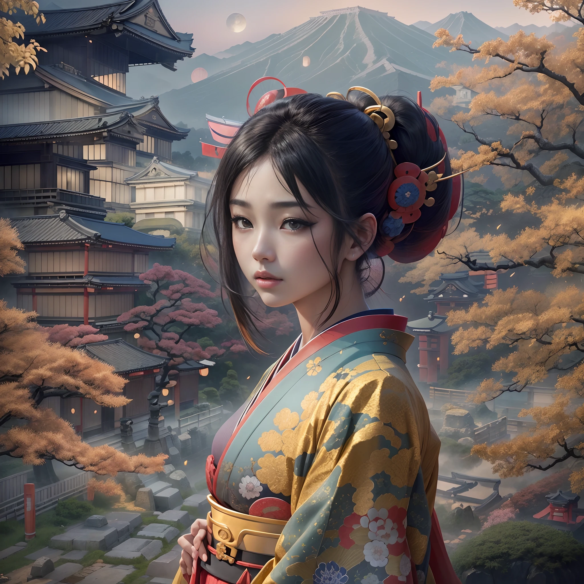 watching at viewers、Background with((The ancient capital of Japan:1.5)And the moon、((dense background))),BREAK {{{Luxury kimono(Colorful kimono(Detailed golden embroidery,))}}}、face perfect,Depict a beautiful and graceful woman of Japan。(poneyTail:1.5)、Woman with shiny black hair、perfect hand、Heart in the eye,Large breasts,full body Esbian。 Wallpapers 16K, .Blur the background with a sickle,((masutepiece)), ((Best Quality)),epicd(Lige Fries Photography、sony a7、50 millimeters、pores:1.5、Farbe、(ultra-detailliert:1.5)、(film grains:1.4)、(hyper realisitic:1.8))、octan render、 ultra realistic lifelike textures、​masterpiece、unrealengine5、the Extremely Detailed CG Unity 8K Wallpapers、Madly detailed photo、Ultra-realistic light、(Pulitzer Prize for Best Photography、Taylor Wessing Award for Best Photography)