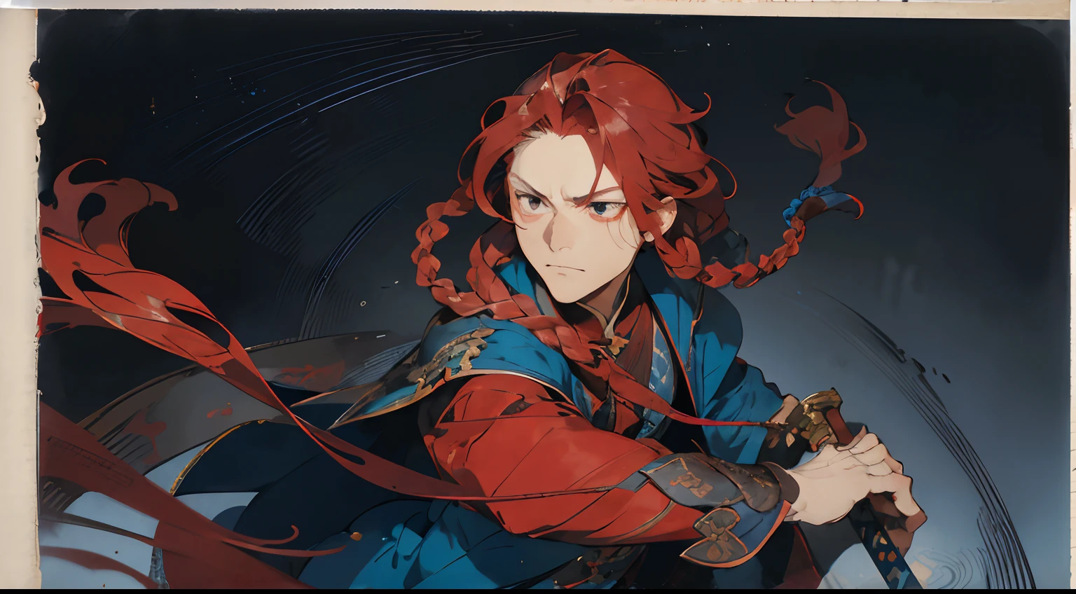 layered textures, Determined, Single Color, Slightly Frowning, Calotype, Slim Yuan Dynasty Young Male Man, Long Red hair styled as Side-swept braids, Offset print, Abstract Art, Oversaturated, Pointing Blue Sword at viewer Blue Coat, Full-body Portrait, Solemn, Facing viewer, Yelling, handsome oval-like face