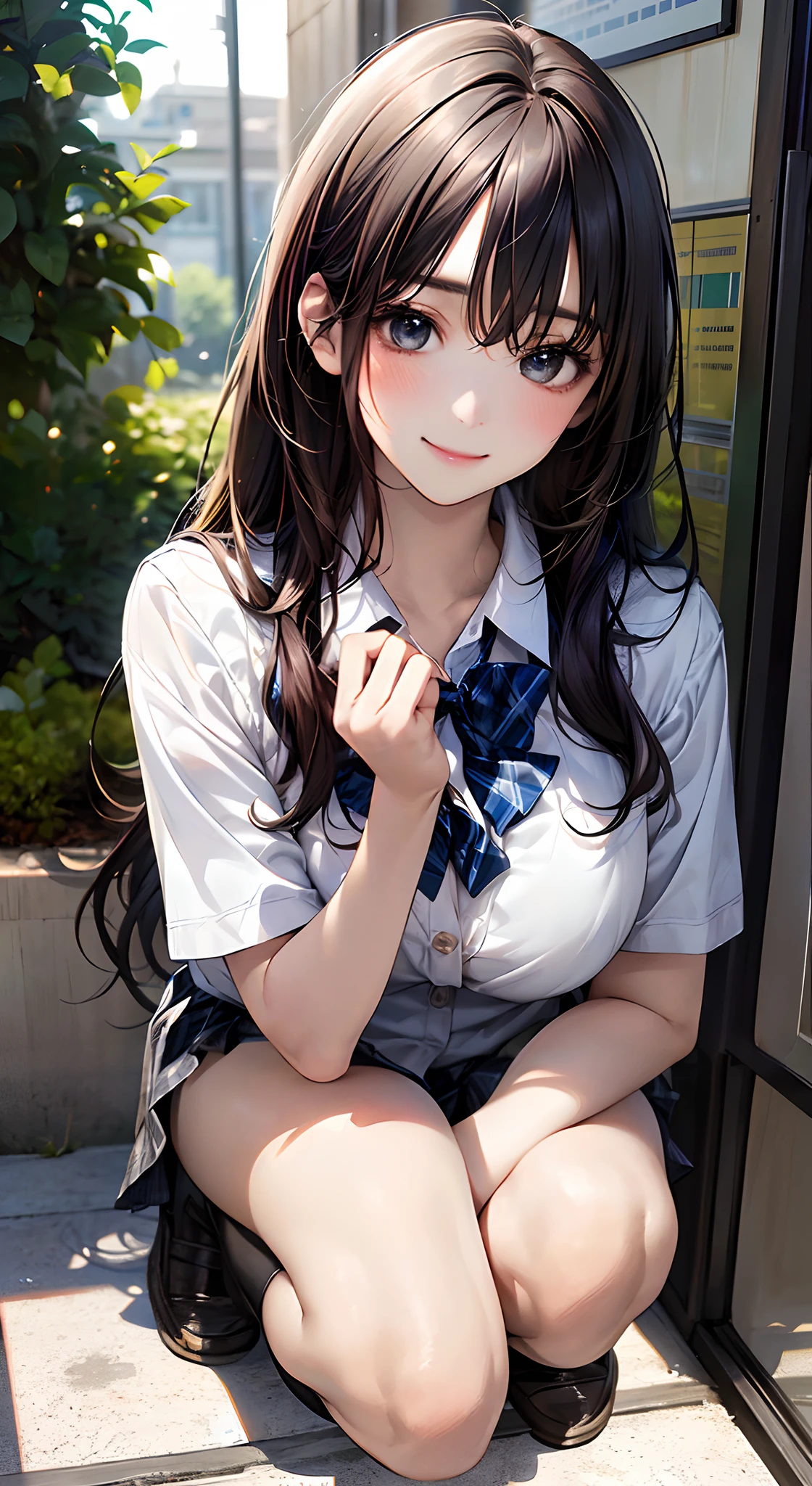 kawaii anime girl peeing outside in a public rest room, 1girl, solo, female masturbation, grabbing own breast, thighhighs, masturbation, breasts, long hair, squatting, skirt, smile, blush, looking at viewer, bangs, nipples, grin, shirt, spread legs, pussy juice, small breasts, fingering, indoors, open clothes, jacket, red bow, bow, brown thighhighs, school uniform, black skirt, no panties, bowtie