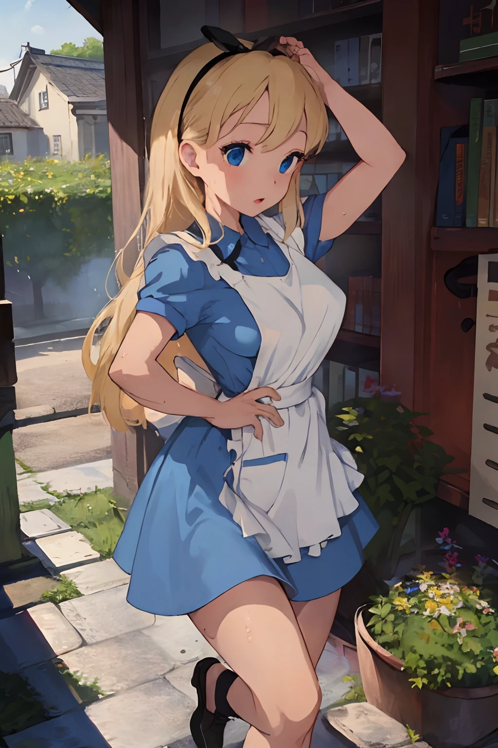 (​masterpiece、top-quality;1.3)、ighly detailed、atlibrary、Black Hair Band、Blonde long hair、big breast beauty、a miniskirt、The crotch is wet、Orgy、Rape、teats、Opening legs、a blue dress、White Apron