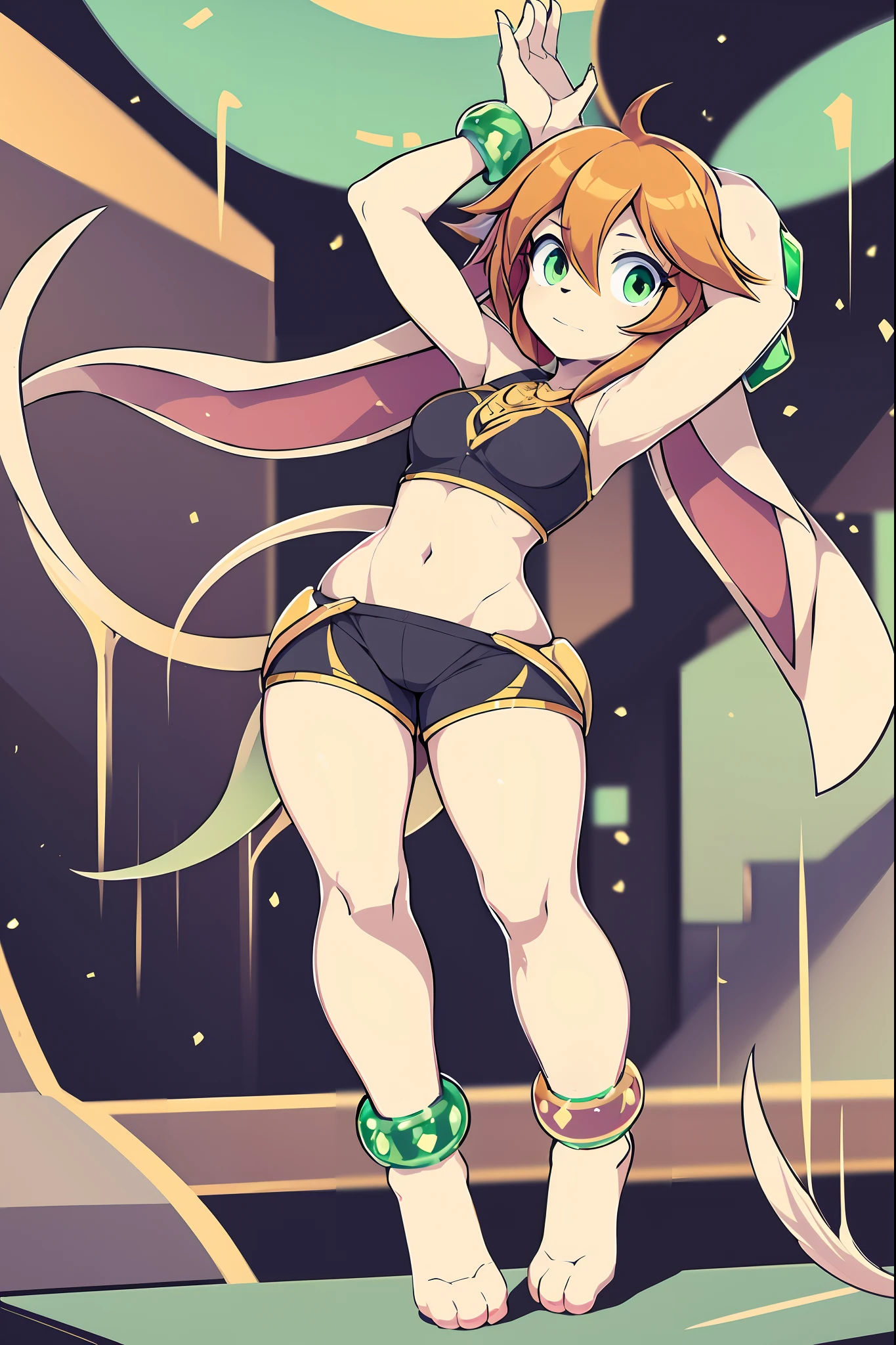 milla basset, masterpiece, best quality, 1girl, solo, long hair, looking at viewer, bangs, brown hair, shirt, animal ears, hair between eyes, bare shoulders, jewelry, breasts, green eyes, standing, tail, thighs, outside, shorts, sleeveless, shiny, bracelet, standing, full body