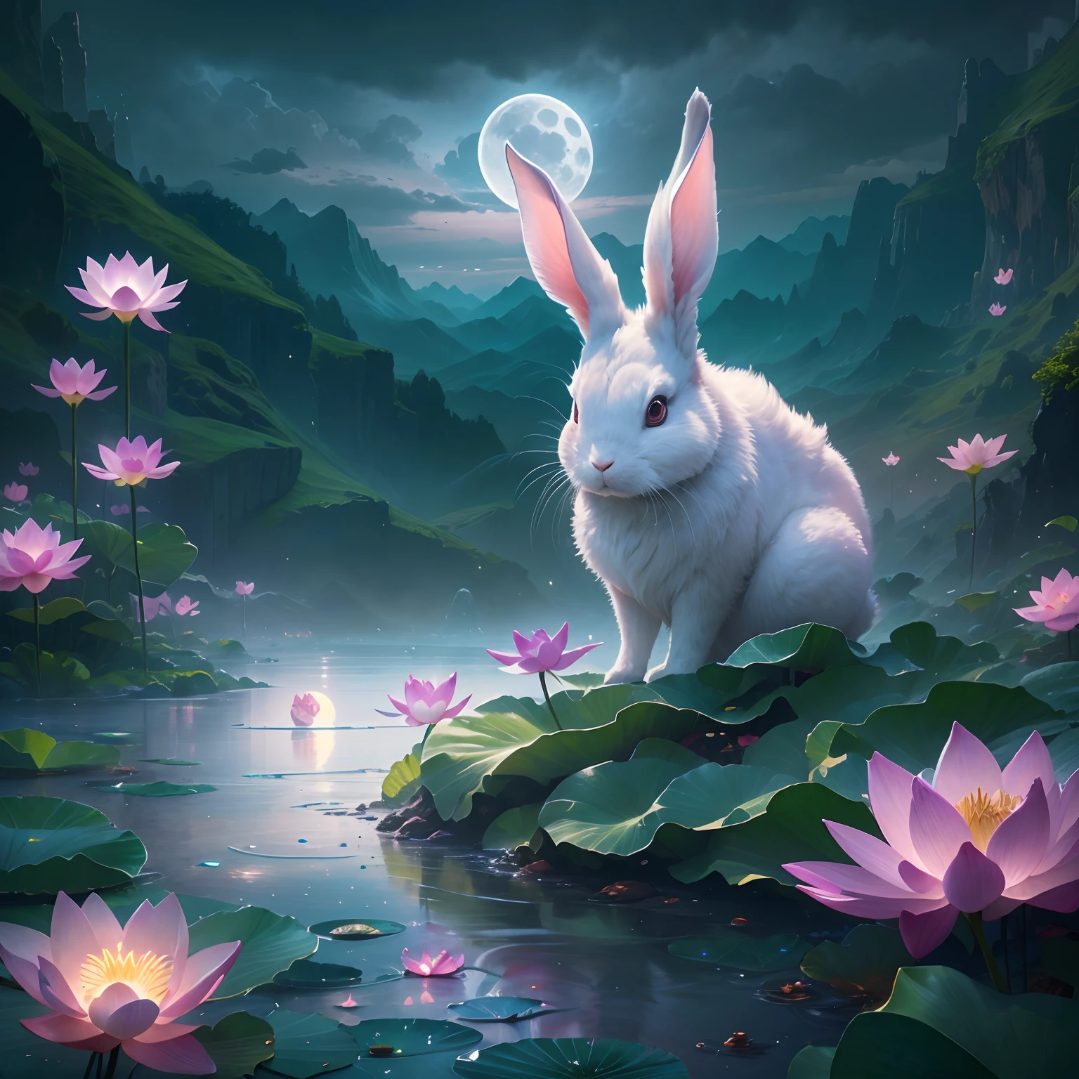 Huge Full Moon，Translucent ethereal animal rabbit，lotus flower，Lotus leaf，Green mountains in the distance，tmasterpiece，high qulity，UHD resolution，Reasonable composition，16k,hyperrealistic fantasy art，Epic, Beautiful dream art，Epic digital dream art illustration