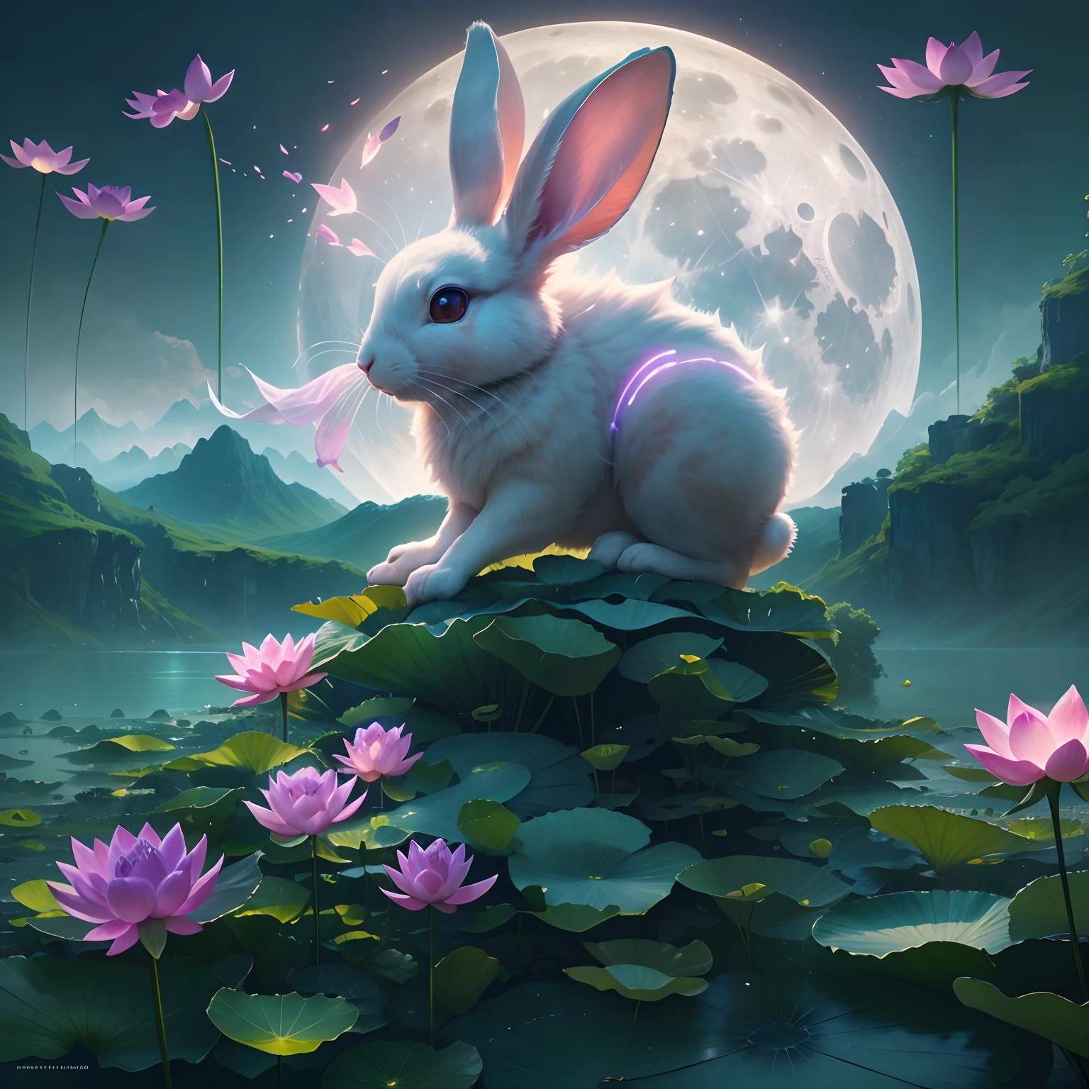 Huge Full Moon,Translucent ethereal animal rabbit,lotus flower,Lotus leaf,Green mountains in the distance,tmasterpiece,high qulity,UHD resolution,Reasonable composition,16k,hyperrealistic fantasy art,Epic, Beautiful dream art,Epic digital dream art illustration