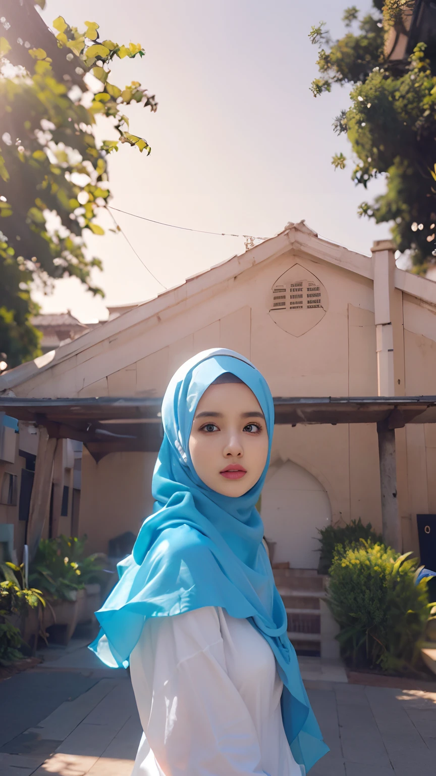 1girl, 21 years old, beautiful girl, (white shirt, pattern), collarbone, beautiful blue eyes, ((wearing hijab:1.4)), natural makeup, building,  realistic face ,(better lips, detailed nose ,detailed eyes ,cute face), looking_at_viewer, full body potrait, navel, necklace, half naked , most gigantic boobs, outdoors, summer, solo, window, summer, ((ultra detailed ,masterpiece ,hyper detailed, highest quality resolution, best quality, photorealitic ,cinematic light, bokeh)), beautiful korean girl, detailed_eye, face, detailed eyes