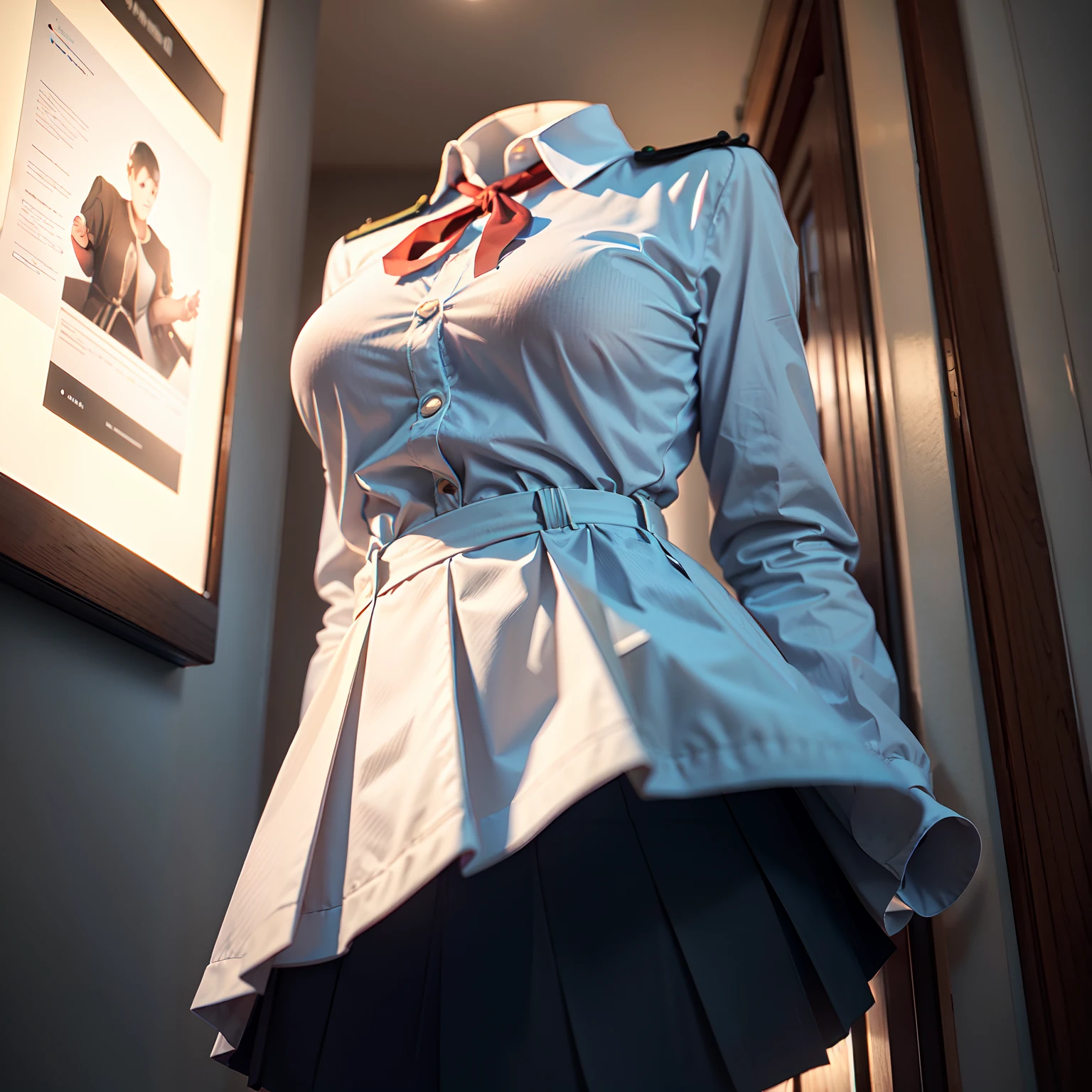 (hanged school uniform in closet), ((invisible, no humans:1.5, headless:1.5, handless, legless)), big breast, (upskirt), on hanger, 
(8k, RAW photo, best quality, masterpiece:1.2), (realistic, photo-realistic:1.37),photon mapping, radiosity, ((Hasselblad photography)),physically-based rendering, (hyper realisitic), (8K), (Extremely detailed), (Best Illustration), (Best Quality), (Ultra-detailed)