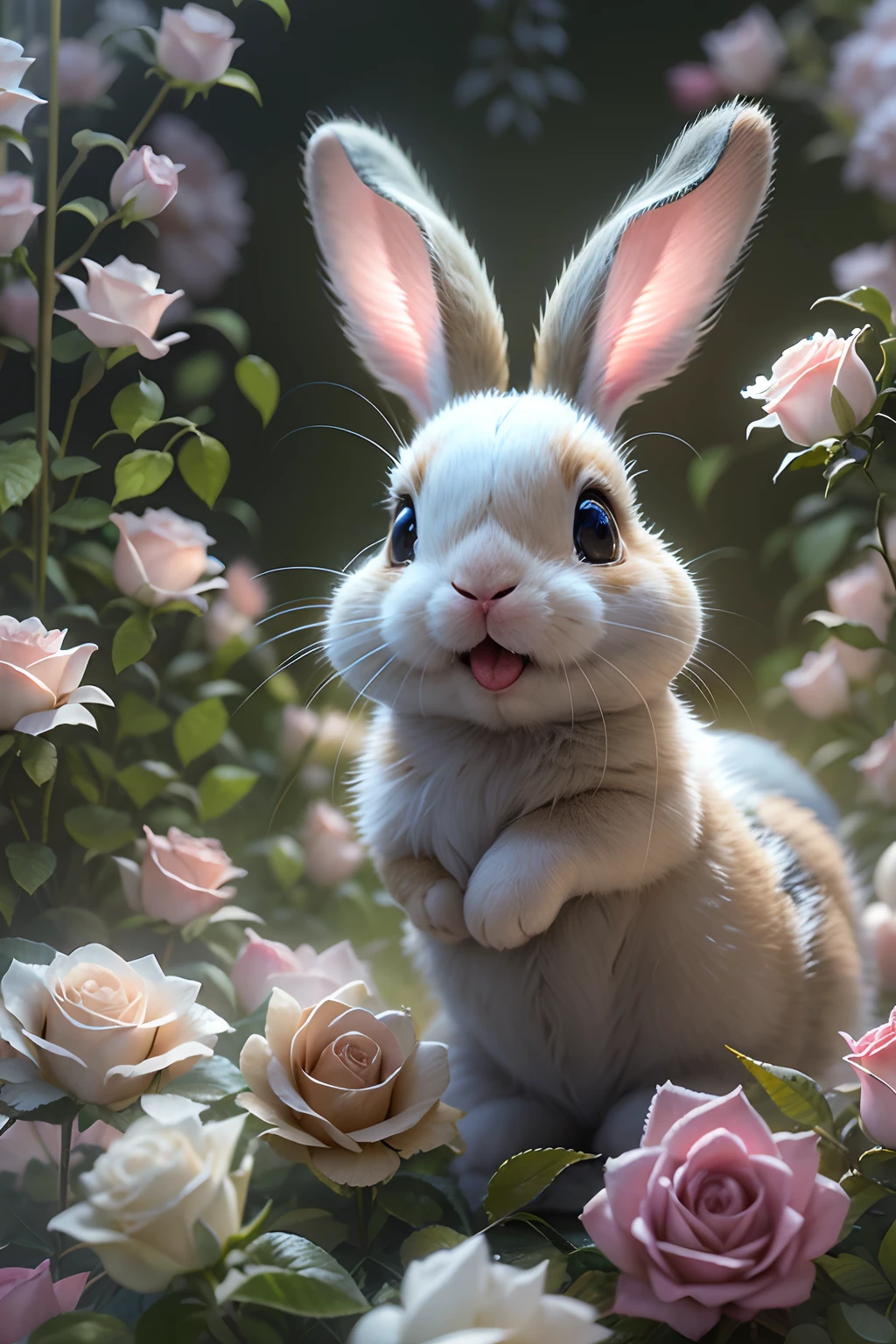 In this ultra-detailed CG art,Cute little bunny surrounded by ethereal roses,laughingly,Best quality at best,A high resolution,Complicated details,fanciful,cute animal,Open-mouthed,laughingly!!!