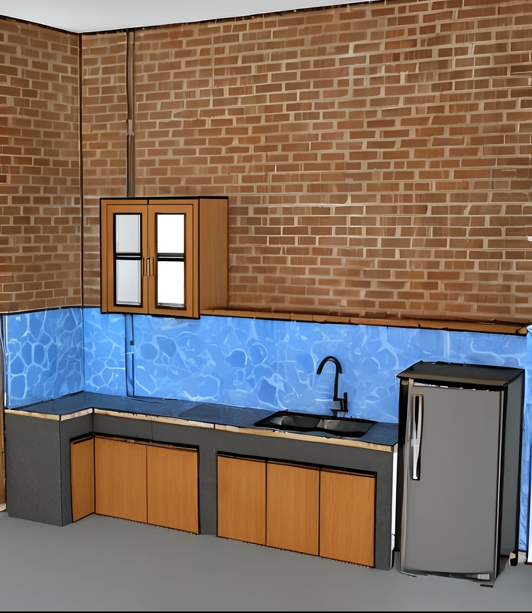a rendering of a kitchen with a sink, refrigerator and a refrigerator, rendered, random background scene, 2 d render, rendered 3d model, 3d rendered, 3 d rendered, rendered on unreal 3 d, rendered in unreal engine 3d, with 3d render, with 3 d render, pre-rendered, detailed rendering, hyper detailed scene, 3d rendered model, realistic. masterpiece, 4k, ultra detile,
