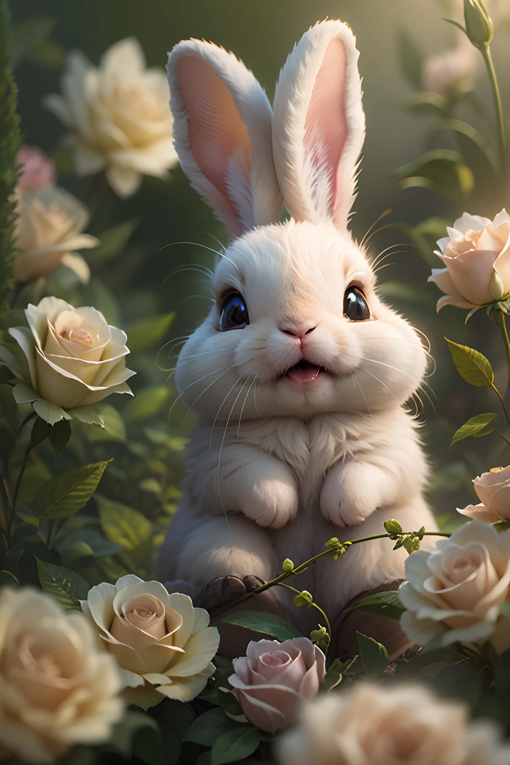 In this ultra-detailed CG art，Cute little bunny surrounded by ethereal roses，laughingly，Best quality at best，A high resolution，Complicated details，fanciful，cute animal，Open-mouthed，laughingly！！！