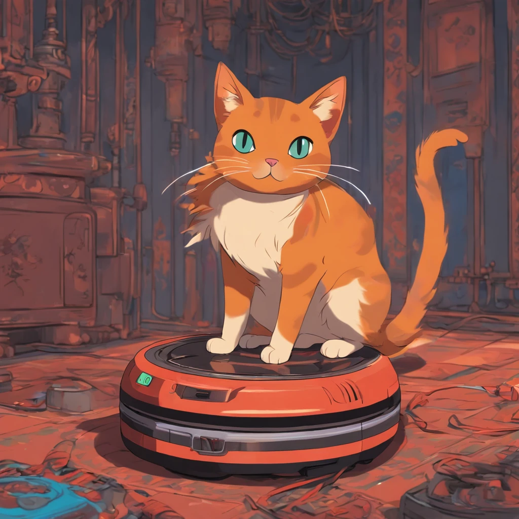 a cat sitting on a robot vacuum cleaner, in the style of pattachitra, animation,