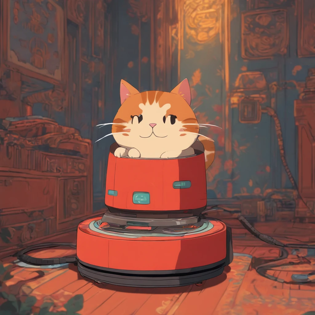 a cat sitting on a robot vacuum cleaner, in the style of pattachitra, animation,