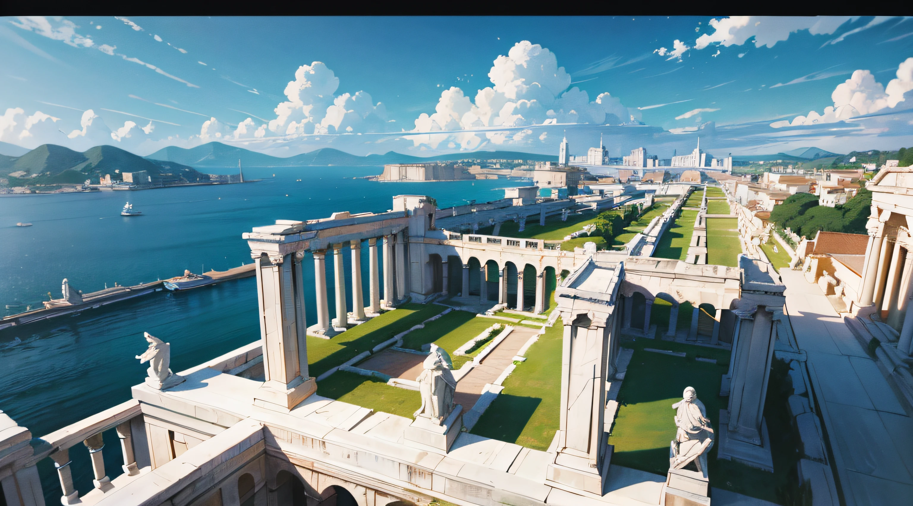 high quality, marble theme, roman city, majestic, landscape, masterpiece, dreamlikeart absurdres, statues, anime style