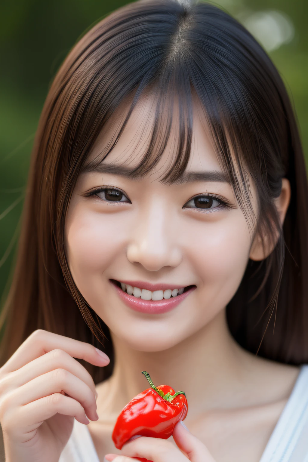 (in 8K、Raw photography、top-quality、masterpiece:1.2)、30-years old、(japanes)、1人の女性、A detailed face、A detailed eye、Detailed mouth、Smile、holding a hot pepper in your hand