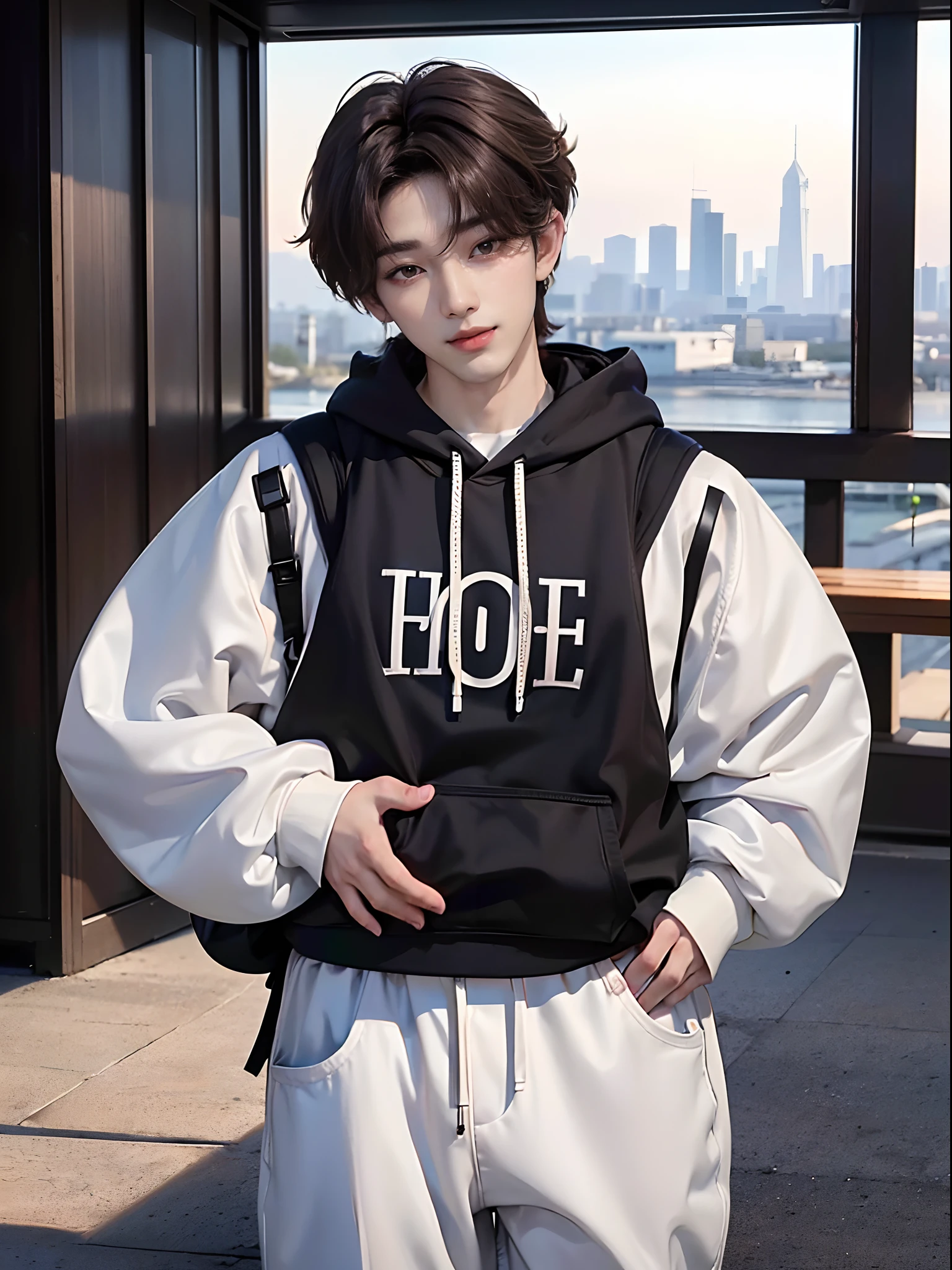 ((4K works))、masterpiece、(top-quality)、((high-level image quality))、Happiness、((One Manly Boy))、K-pop idol photos、Slim body、((Stylish black hoodie and white pants))、((Carrying a black backpack))、(Detailed beautiful eyes)、With stunning city views in the background、On the way to work、Face similar to Chaewon in Ruseraphim、((short hair above the ears))、((Smaller face))、((Neutral face))、((Light brown eyes))、((Korean boy))、((18year old))、((Handsome man))、((Gentle smile))、((Korean Makeup))、((elongated and sharp eyes))、((Zoom up to face))、((Face enhancement))、((Focus zoom in))、((Walk in front of the viewer))、((Photos of only one person))、Professional Photos