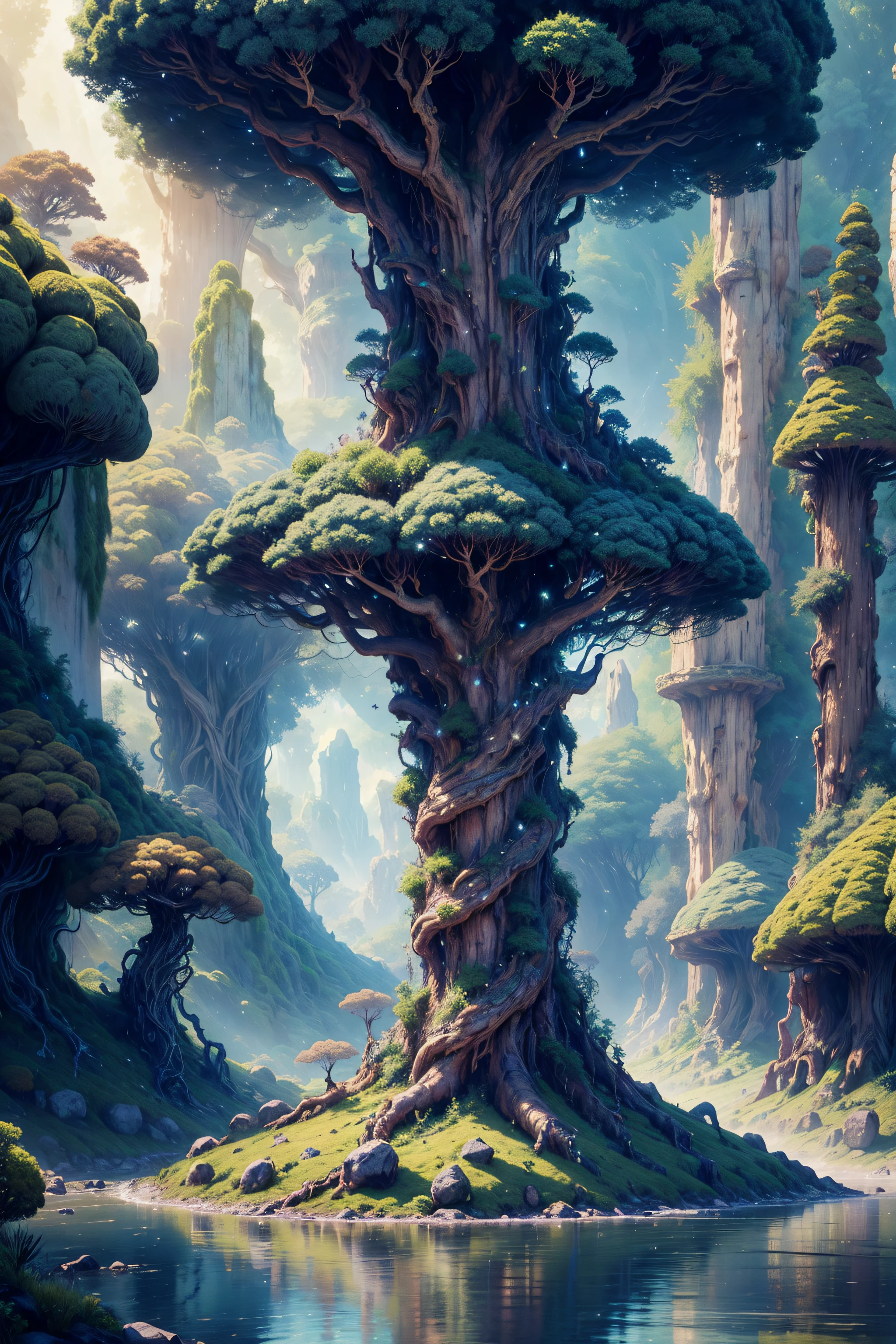 Illustration hyper-realistic, otherworldly, The World Tree, A large elven tree, Yggdrasil, fentezi, Flora and fauna, very green, woods, An incredibly large tree rises on top of all the trees, ultra-celestial scene with a giant full-length crystal tree, Very detailed and magical lighting, intricate forest details, vegetation and the river around, Sunny punk, Scenery, a giant tree, beautiful deciduous with beautiful lighting and realistic proportions, As if it were a cinematic backdrop, 8k, topquality, tmasterpiece, Clouds and stars in the sky.
