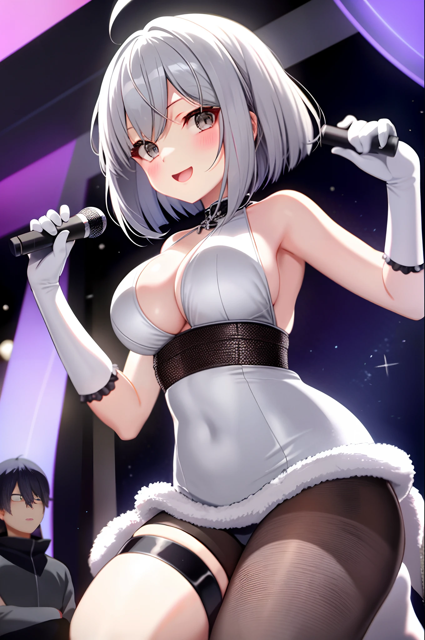 1 persons、独奏、animesque、Gray Hair Bob、1 girl、Silver-eyed、Colossal tits、Idol Costumes、Nipple、Racy costumes、