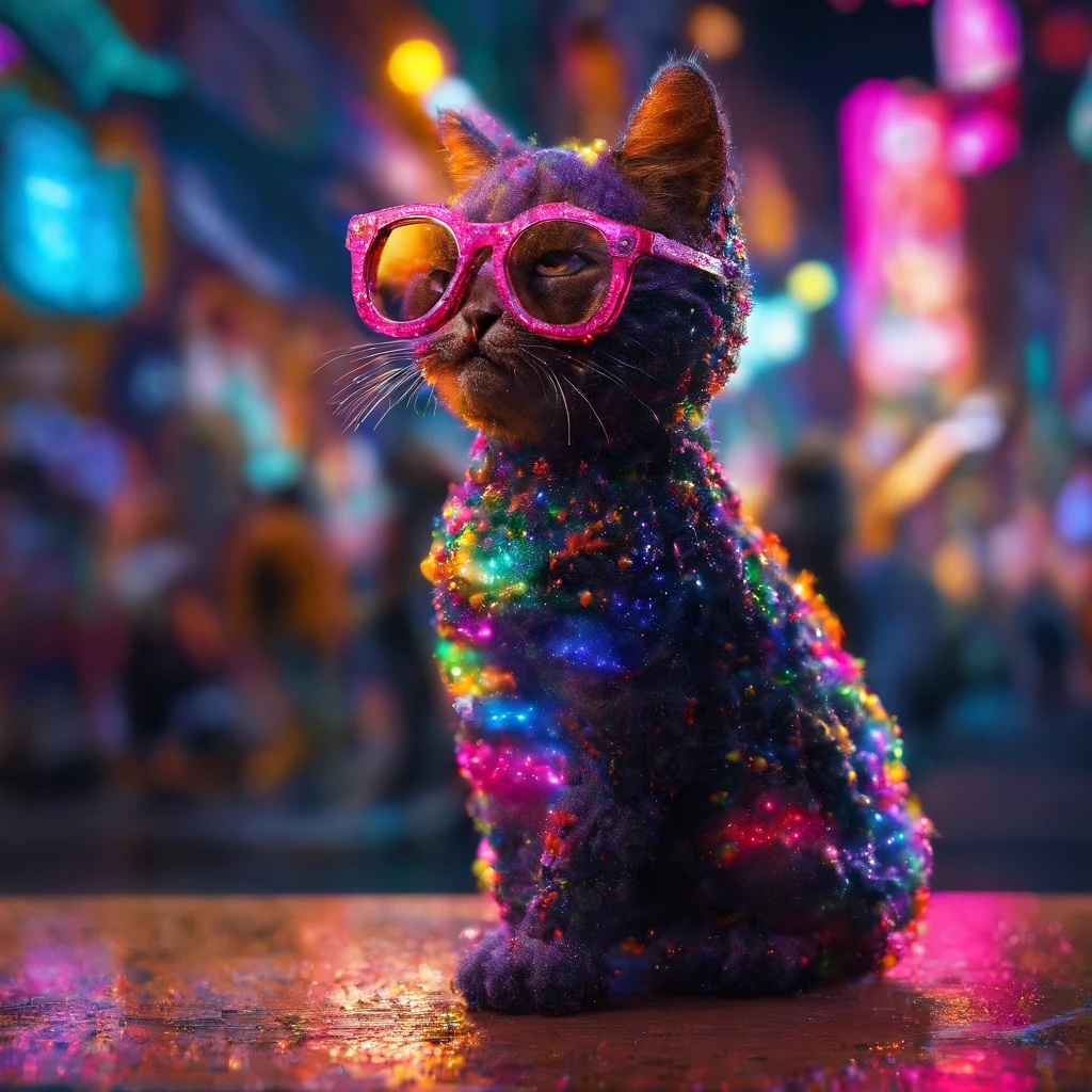 In a whimsical kawaii cafe, Kitten Fluffy, crafted from highly detailed curling, thin glowing multi-colored smoke, dons a rose flower hoodie and fancy funny stylish giant shiny sunglasses. Against a backdrop of vibrant neon typography spelling VIKUSIA, FAINOHO DNIA, capture its enchantment in a digital art masterpiece. Incorporate volumetric 3D rendering, Octane render, and vibrant graffiti elements to create a fantasy illustration that showcases its fashion-forward style. Make it pop with a poster-worthy 3D render that embraces the essence of this captivating character ((stunningly tantalizing view)). 3D, highly detailed, sharp focus, 8K, ultra quality, UHD, crystal clear, bokeh. Black magic Pocket Cinema Camera 6K Pro with Sigma 18-35mm f/1.8 DC HSM Art lens Canon EOS 5D Mark IV camera with a Canon EF 24-70mm f/2.8L II USM lens --ar 9:16 --v 5.2 --s 750, architecture, vibrant, wildlife photography, portrait photography, fashion, cinematic, typography, 3d render, poster, photo