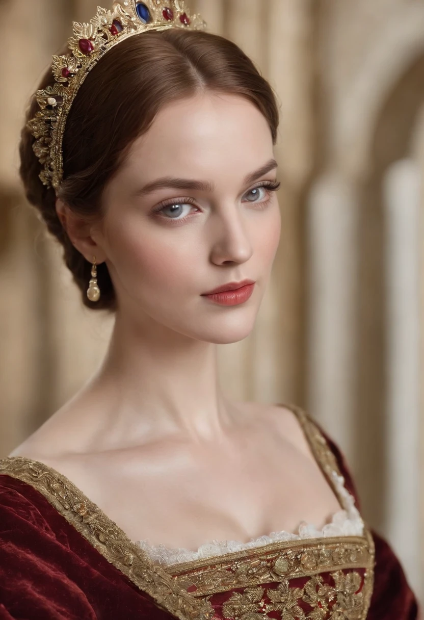 (Best quality,ultra-realistic:1.2),A high resolution,Ultra-detailed,portrait,Wife of King Henry VIII,Toile de fond urbaine,Beaux yeux expressif,beautiful detailed lips,espagnole, cheveux noir sombre, Beautiful and elegant personality,Sumptuous Spanish and French dress outfit of the period as well as the hairstyle of its time that reflects the royal status. religieux, foi catholique. Tenez-vous en confiance, glowing lighting,Couleurs vives,Sculpted olive-colored skin,Joaillerie,Contexte historique,Calm and powerful manners,Dark red and gold color scheme,maquillage naturel,glowing complexion,Ornate crown,Royal and elegant presence,Expression sereine,Improve facial features,Des cheveux de luxe fluides.Face to the screen. staring at the screen.