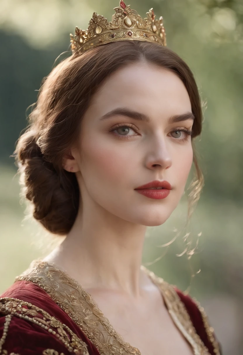 (Best quality,ultra-realistic:1.2),A high resolution,Ultra-detailed,portrait,Wife of King Henry VIII,Toile de fond urbaine,Beaux yeux expressif,beautiful detailed lips,espagnole, cheveux noir sombre, Beautiful and elegant personality,Sumptuous Spanish and French dress outfit of the period as well as the hairstyle of its time that reflects the royal status. religieux, foi catholique. Tenez-vous en confiance, glowing lighting,Couleurs vives,Sculpted olive-colored skin,Joaillerie,Contexte historique,Calm and powerful manners,Dark red and gold color scheme,maquillage naturel,glowing complexion,Ornate crown,Royal and elegant presence,Expression sereine,Improve facial features,Des cheveux de luxe fluides.Face to the screen. staring at the screen.