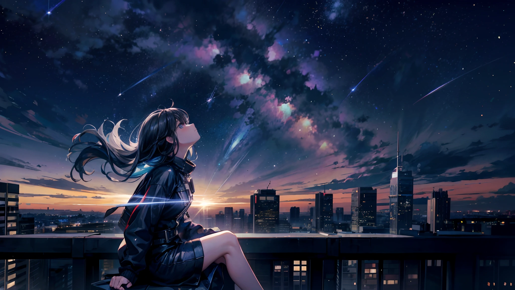 octane, sky, Star (sky), scenery, Starry sky, Night, 1girll, Night sky, Solo, Outdoors, Building, Cloud, Milky Way, Sitting, tree, Long hair, City, Silhouette, Cityscape, Looking Up The Sky, 8K, Beautiful night sky, Ray tracing, Masterpiece, Cute face