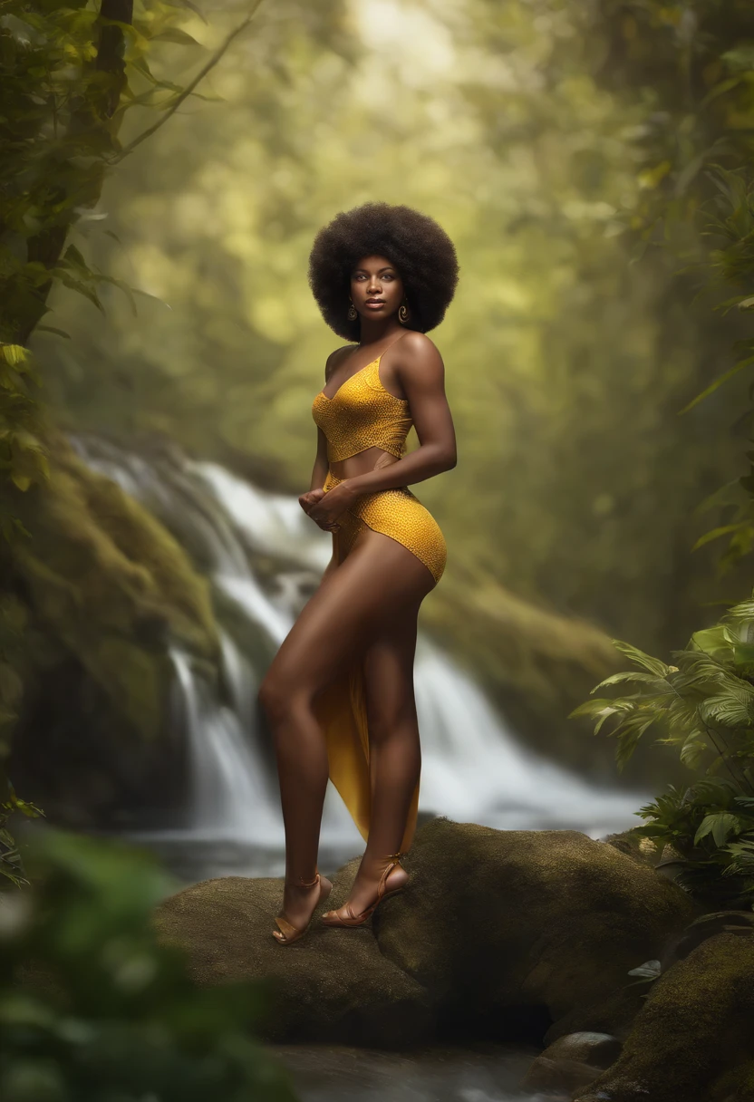 (Renderizado 3D profesional:1.3) de (realista:1.3) The most beautiful artistic photo in the world，Oxum, El Orisha africano,Mujer negra, the most beautiful, Belleza rara, ,Ropa amarilla y dorada,Orixá of the waterfalls,The Most Beautiful Black Woman, Hermoso , magnifica, Reina del amor,colores amarillos, Usando un ade detallado e intrincado, Mirada dulce, Cosmic goddess,impresionismo,Afrofuturista, Renderizado de unidades 8K de cuerpo completo, Cascadas, Forest lighting, Sombreado ligero, detallado, cara detallada, (Vibrante, realistic photograph, realista, dramatic, foco nítido, 8k), (Ropa africana de tribus :1.4), ((((Usa telas)))), (intrincado:1.4), decadente, (Altamente detallado:1.4), Pintura digital, Renderizado por Octane, Estaciones de arte, Concepto-Arte, liso, foco nítido, germen del arte, (loish:0.23), WLOP Ilya Kuvshinov, e Greg Rutkowski e Alphonse Mucha Gracias, (global ilumination, Studiolight, Light Volumetric), fuertes lluvias, particles floating, fantasy, Nuestro, Primer plano de Rosto, ((Fondo oscuro: bosque y cascadas:1.3)),CGSesociedade,Estaciones de arte