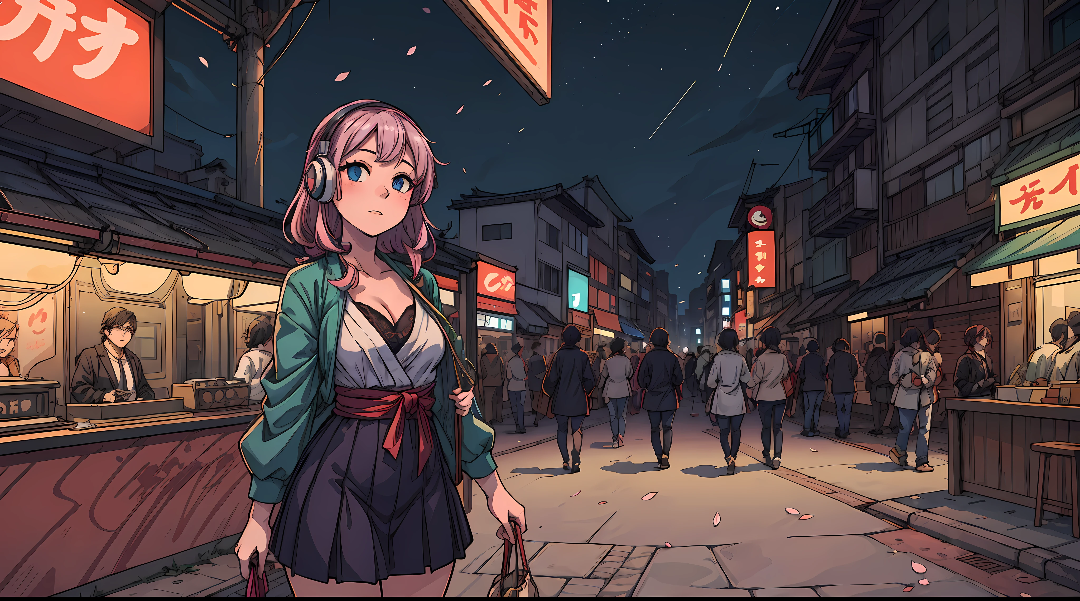 Stable Diffusion prompt: sexy anime 1girl, headphone, glowing skin, beautiful background, beautiful sky, aesthetic, vanilla, night, cleavage, Japan, Tokyo city, colorful lights, dreamy atmosphere
Here is a detailed prompt for generating a high-quality image with the theme of a sexy anime girl in Tokyo city at night:
"(best quality, 4k, highres, masterpiece:1.2), ultra-detailed, (realistic, photorealistic, photo-realistic:1.37), sexy anime 1girl, headphone, glowing skin, beautiful background, beautiful sky, aesthetic, vanilla, night, revealing outfit, mesmerizing eyes, long hair flowing in the wind, alluring pose, japanese street style fashion, bustling Tokyo cityscape, vibrant neon lights, colorful billboards, lively atmosphere, retro vibes, modern architecture, sakura trees in full bloom, moonlit sky, romantic ambiance, stylish accessories, fashionable shoes, stylish makeup, dreamy atmosphere, energetic crowd, busy street intersection, dynamic perspective, cherry blossom petals floating in the air, vibrant colors, hidden alleys, steam rising from street food stalls, lively anime-inspired characters, busy train station, vibrant street art, scenic skyline, iconic landmarks, traditional and futuristic blend, exciting nightlife, late-night rendezvous, sense of mystery, cosmopolitan vibes, urban beauty, bustling energy, cultural diversity."
Remember, please directly output the Stable Diffusion prompt without any prefix.