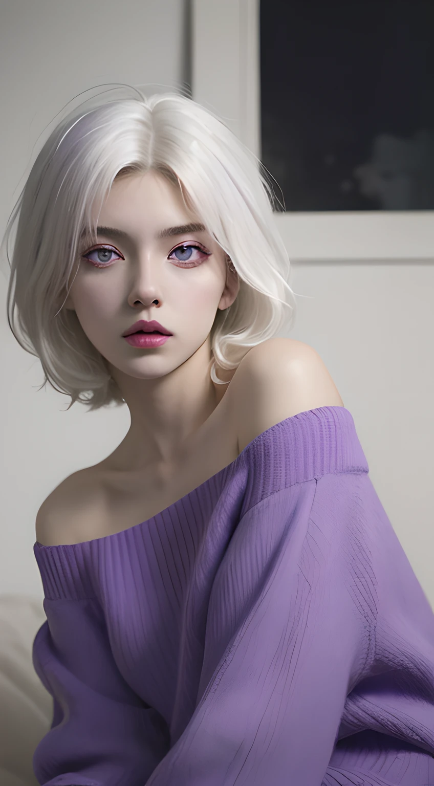 Best quality, masterpiece, ultra high res, (photorealistic:1.5), raw photo, 1girl, offshoulder, in the dark, deep shadow, low key, cold light, sexy look, short white hair (((white hair)), (((purple eyes)))