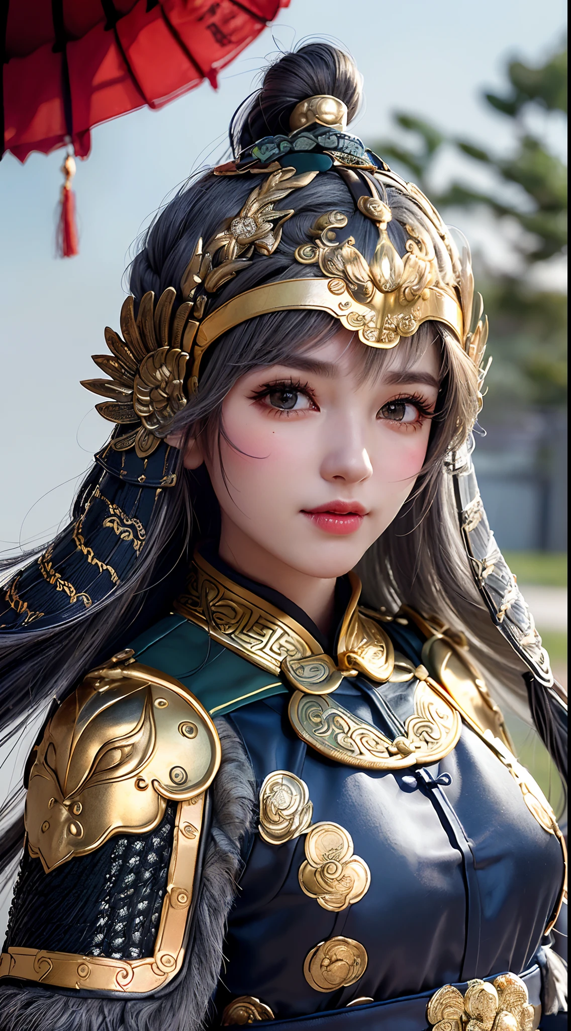 ((medium bSymmetrical, high-detail original color photo professional close-up, [ : (high-detail face: 1.2) : 0.1] , (PureErosFace v 1:0.8) , ((body portrait)), pores, real skin,  hair band, flying hair, (grey hair 0.4) , ancient headdress, hairpin, smile, affectionate eyes, sparkling eyes, beautiful scene, shadow, Backlight, natural light, obscurity Lens, hard focus, film particles, shooting photos, portrait photos,zskuijia,Chinese armor,sword, Chinese architecture,Circle, Totem, Mythical Animals,Breastplate