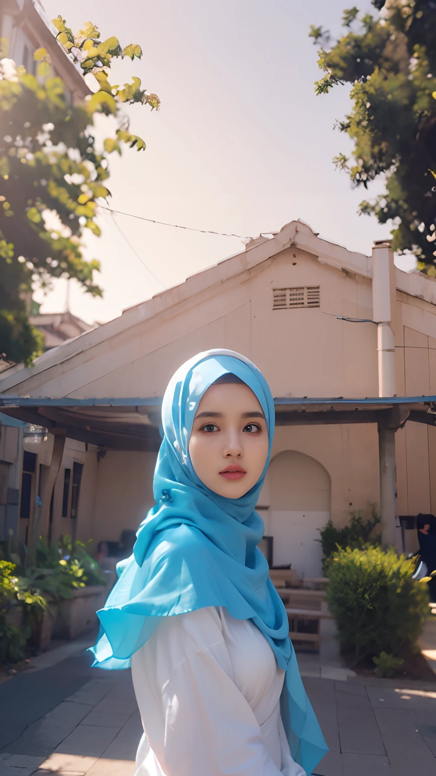 1girl, 21 years old, beautiful girl, (white shirt, pattern), collarbone, beautiful blue eyes, ((wearing hijab:1.4)), natural makeup, building,  realistic face ,(better lips, detailed nose ,detailed eyes ,cute face), looking_at_viewer, full body potrait, navel, necklace, half naked , most gigantic boobs, outdoors, summer, solo, window, summer, ((ultra detailed ,masterpiece ,hyper detailed, highest quality resolution, best quality, photorealitic ,cinematic light, bokeh)), beautiful korean girl, detailed_eye, face, detailed eyes
