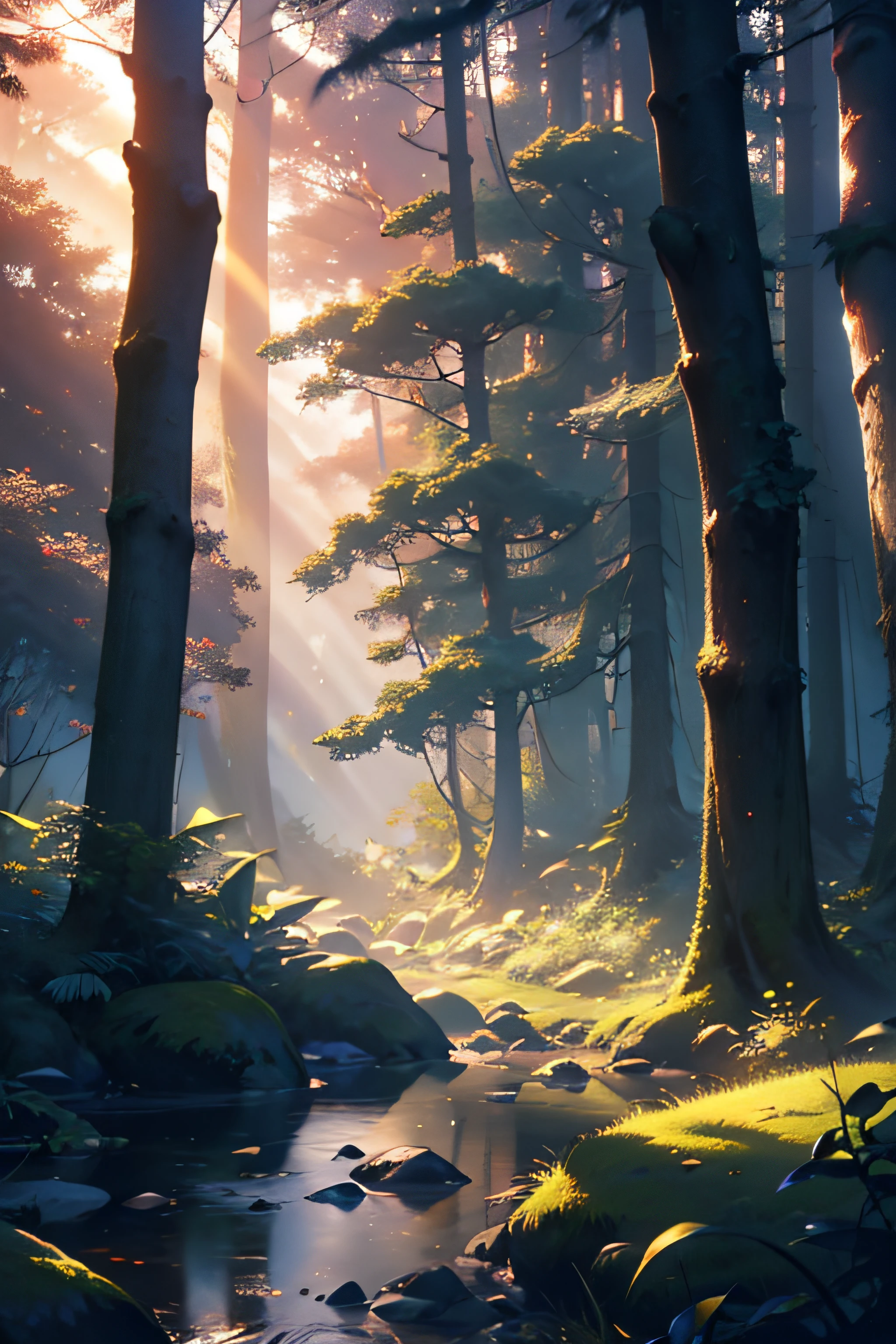 a captivating scene of an enchanting forest at dawn, where the first light of day pierces through the dense foliage, casting a magical glow on the serene surroundings