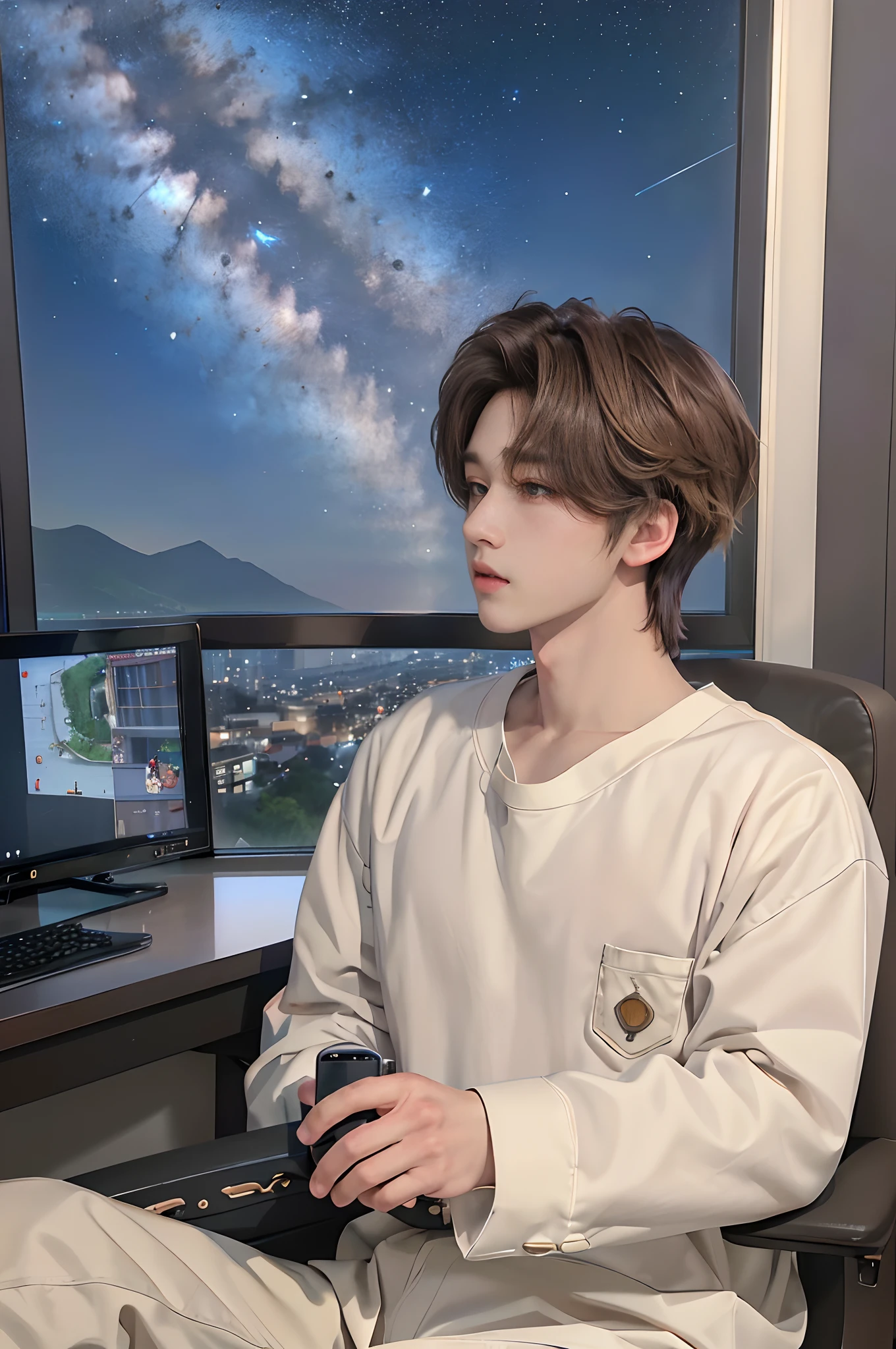 ((4K))、masterpiece、(top-quality)、((high-level image quality))、One Manly Boy、((Fashionable men's personal wear))、(Detailed beautiful eyes)、Stylish homeroom at night with a view of the night sky from the window、Sit in a gaming chair in front of your PC during gameplay、Face similar to Chaewon in Ruseraphim、((short hair above the ears))、((Smaller face))、((Neutral face))、((Light brown eyes))、((Korean boy))、((18year old))、((Handsome man))、((Wild look))、((Korean Makeup))、((elongated and sharp eyes))、((During game streaming))、((Looking at the PC))、((Shooting the upper body from the side))、((Take his profile))