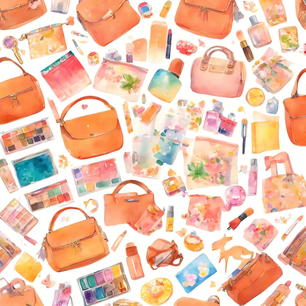 knolling layout, Watercolor illustration, What's in the women's bag, Lots of cute cosmetics, notebook, stationery, handkerchief, Cute Pouch