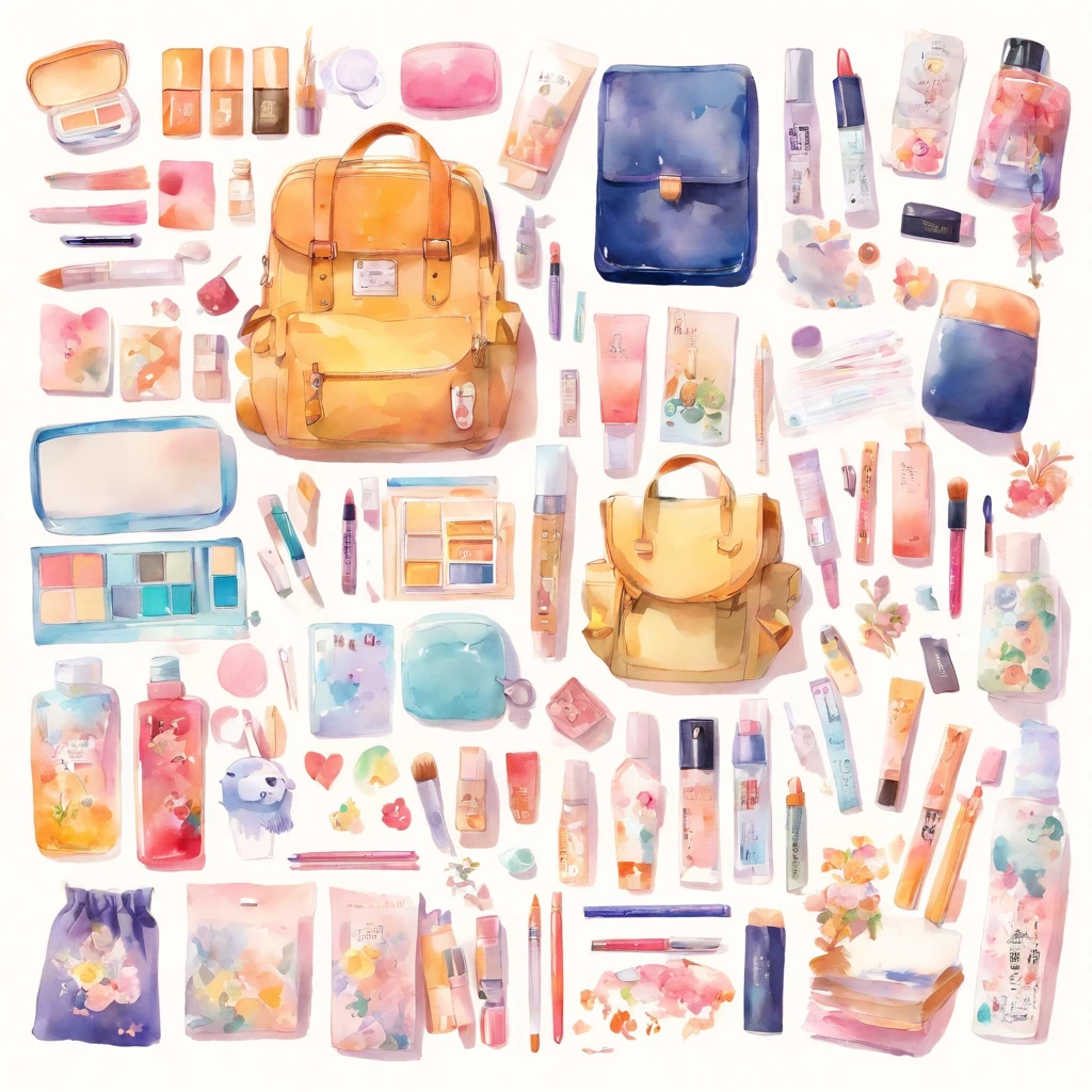 knolling layout, Watercolor illustration, What's in the women's bag, Lots of cute cosmetics, notebook, stationery, handkerchief, Cute Pouch