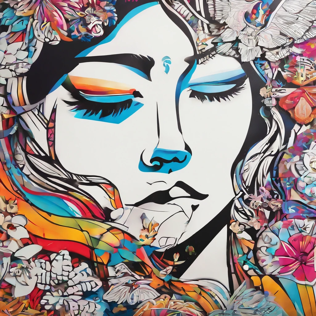 (White background:1.4),(Silhouette of a girl's head, Eyes closed, Colorful long hair, Oriental elements)，(Chinese Illustration:1.3，paper art:1.3, Quilted Paper Art:1.2),( Reasonable design, Clear lines, High Sharpness,Best Quality, Very detailed, masutepiece, Movie Light Effects, 4K )