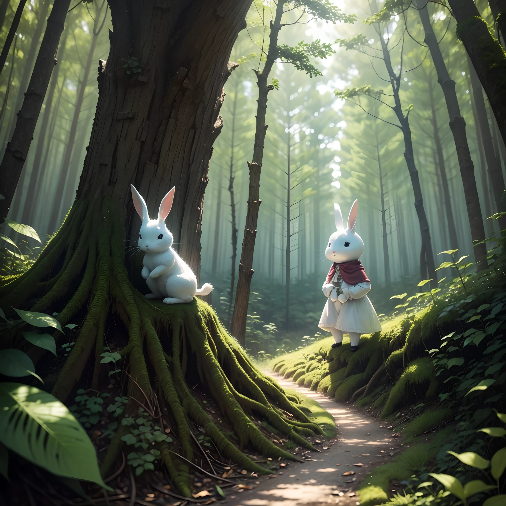 The little white rabbit is alone in the forest