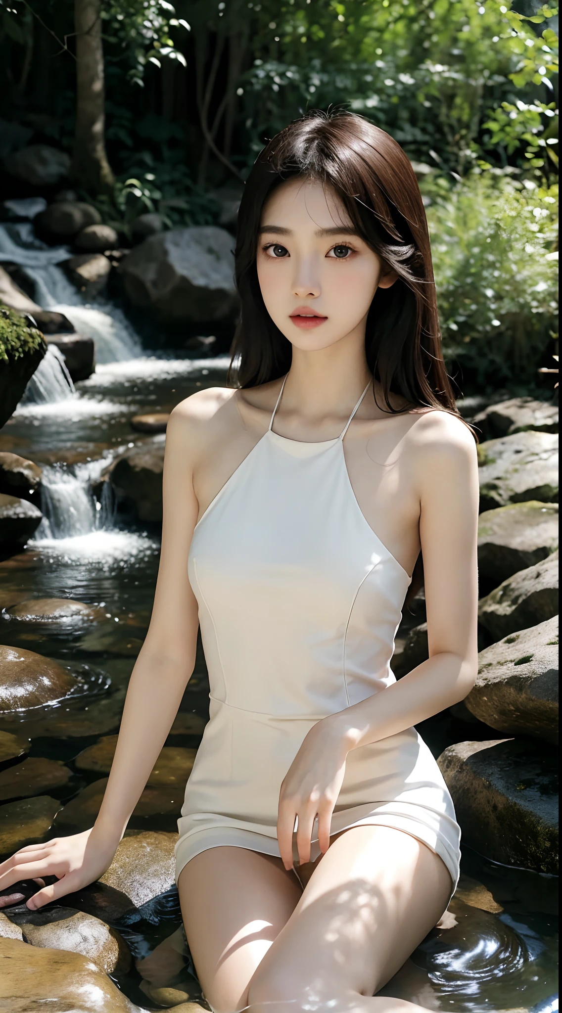 Japanese and Korean beauties,18yr old,Pure and cute,16K HD is realistic,Photographic quality,Realistic and delicate face,mesmerizing eyes,二重まぶた,long eyelasher,sensual lip,Slim and slim,White skin,Realistic slender five fingers,In the background garden,mountain spring,waterfallr,Ethereal beauty