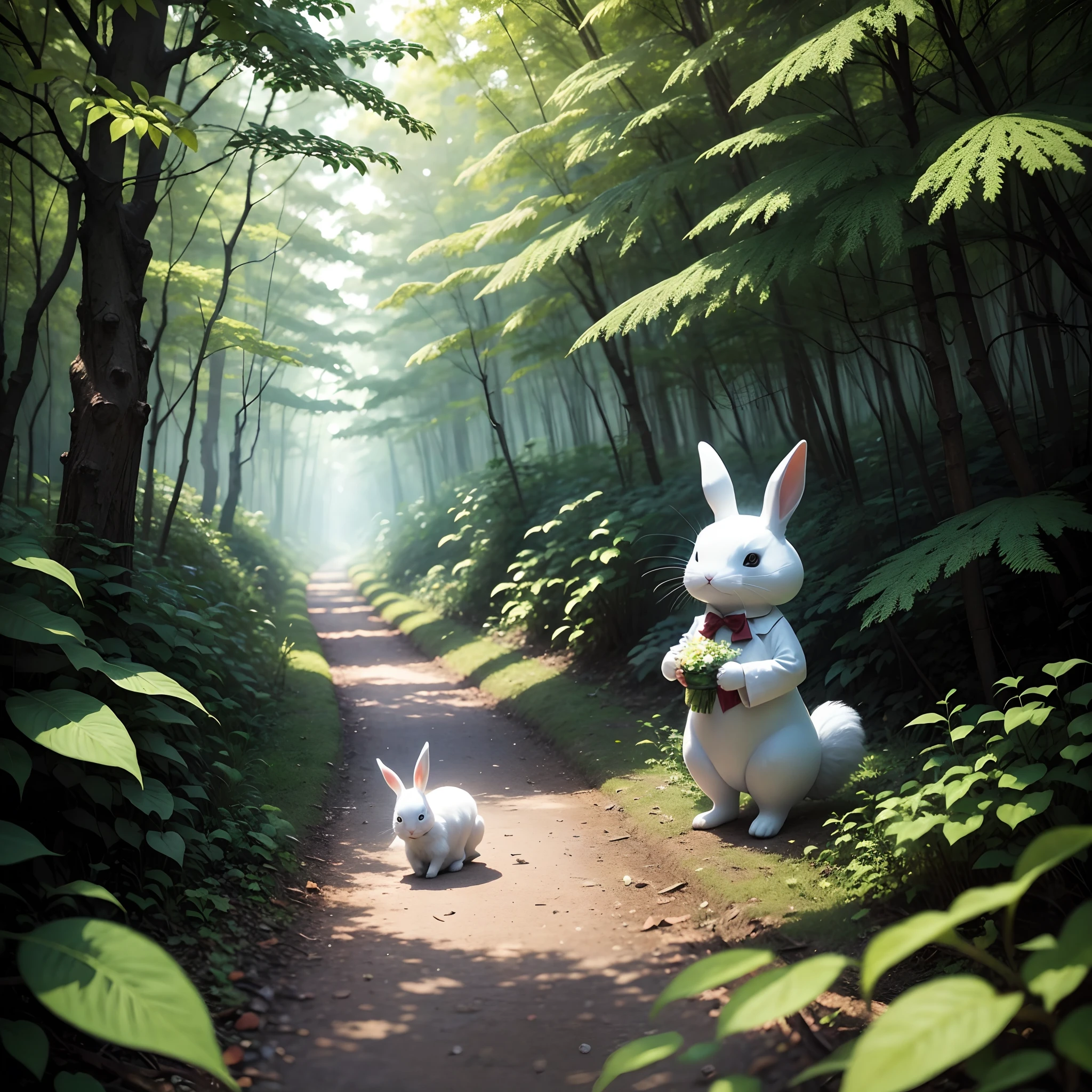 The little white rabbit is alone in the forest