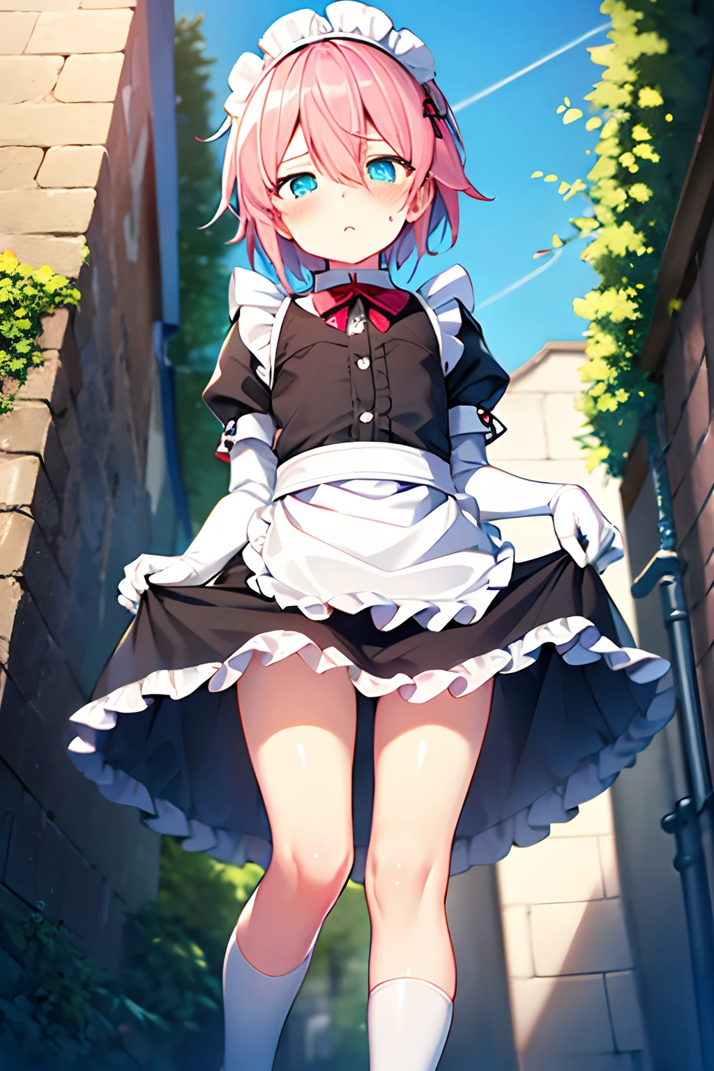 Highly detailed and realistic CG, Colorful , Masterpiece, Best Quality, 1boy, solo, otokonoko, tomboy, shota, petite, child toddler, , pink hair, shiny hair, short hair, flipped hair, hair over one eye, sidelocks, baby face, powder light, flat chest, black maid dress, frilled maid dress, puffy sleeves, frilled miniskirt, black inner suits, shiny skin, long maid boots, white tights, full body, standing, skirt lifted, lifted by self, (bulge:1.2), (frown:1.1), (jig eyes:1.5), hollow eyes, half-closed eyes, open mouth, (blush:1.2), (sweatdrop:0.9), maid headdress, white elbow gloves, outdoors, city, (alleyway:1.2), (shade:1.2), (wall on back:1.1), outline, light aqua eyes, twinkle eyes, skinny legs, (from below:1.3),