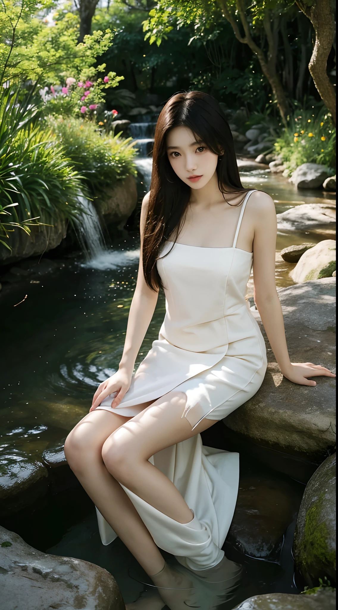 Japanese and Korean beauties，18yr old，Pure and cute，16K HD is realistic，Photographic quality，Realistic and delicate face，mesmerizing eyes，二重まぶた，long eyelasher，sensual lip，Slim and slim，White skin，Realistic slender five fingers，In the background garden，mountain spring，waterfallr，Ethereal beauty