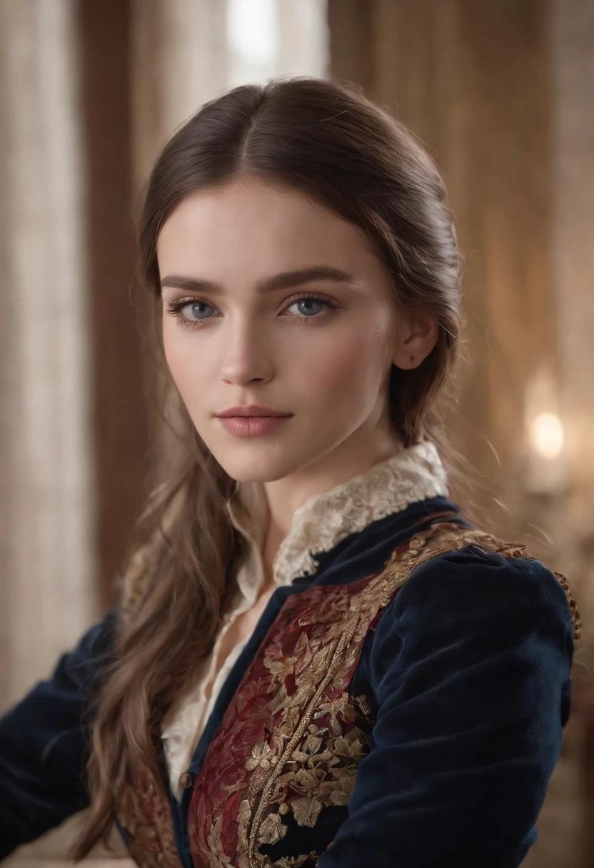1 girl, Hiperrealista, empresaria, uniforme,20 years old, muy hermoso, traje Dior, ojos azules, cabello rubio, piernas abiertas,en el escritorio, Chimenea de retroceso, 8k, tocarse las piernas,  adolescente,Disparo de vaquero