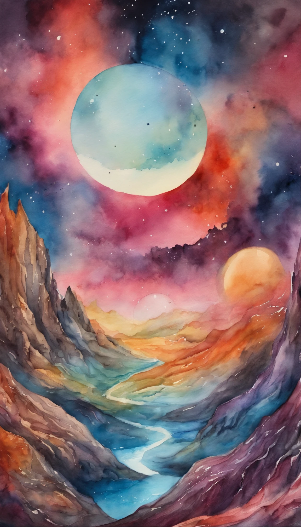 Colorful futuristic space illustration,There is a planet in the middle, A beautiful artwork illustration