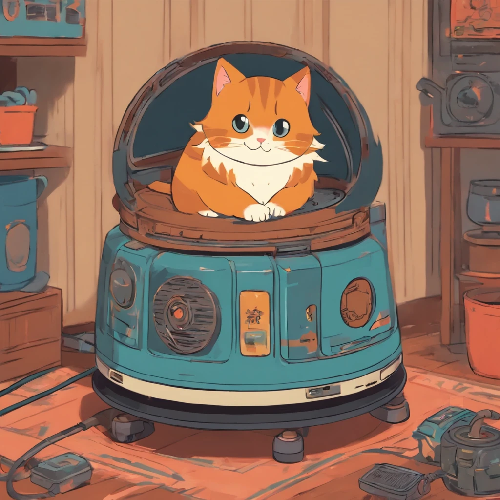 a cat sitting on a robot vacuum cleaner, in the style of pattachitra, animation,