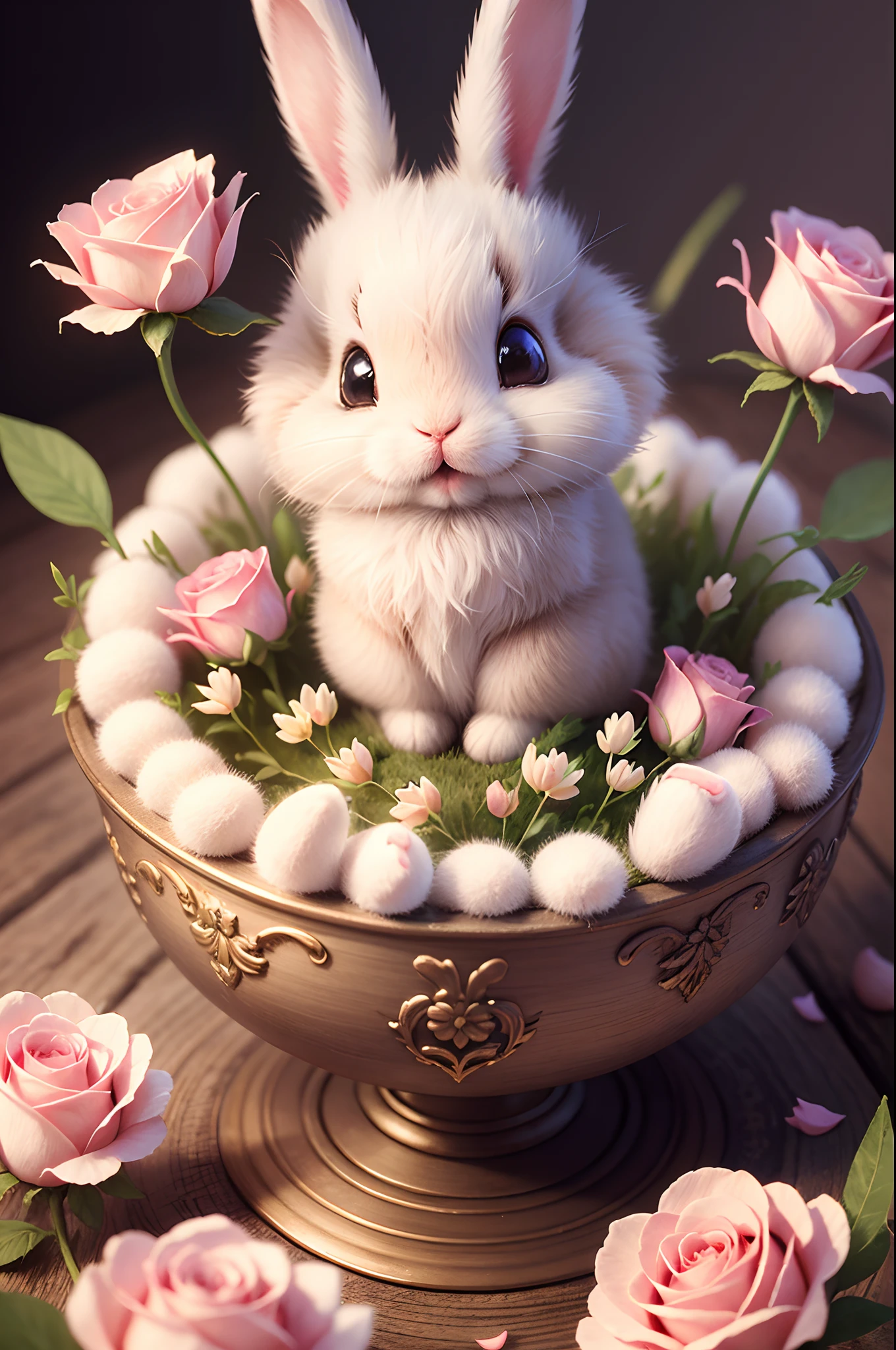 In this ultra-detailed CG art,Cute little bunny surrounded by ethereal roses,laughingly,Best quality at best,A high resolution,Complicated details,fanciful,cute animal,Open-mouthed,laughingly!!!