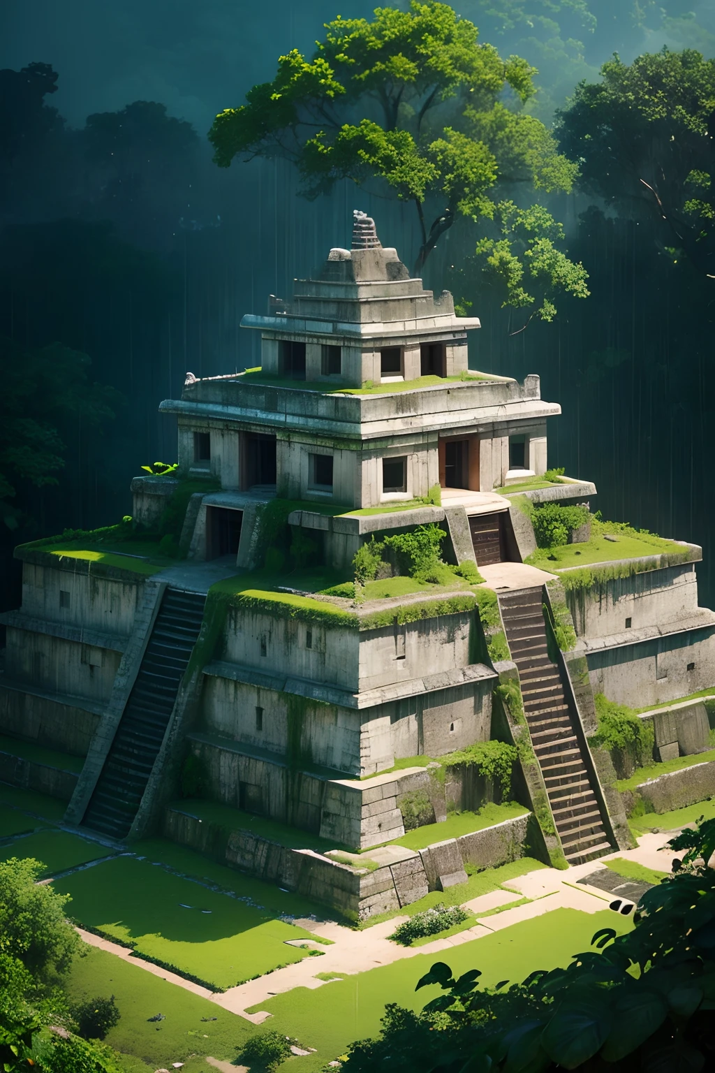 An arial Photograph of a rain-soaked Mexican Mayan temple, adorned with lush vegetation, revealing intricate details amidst the raw emotional intensity.