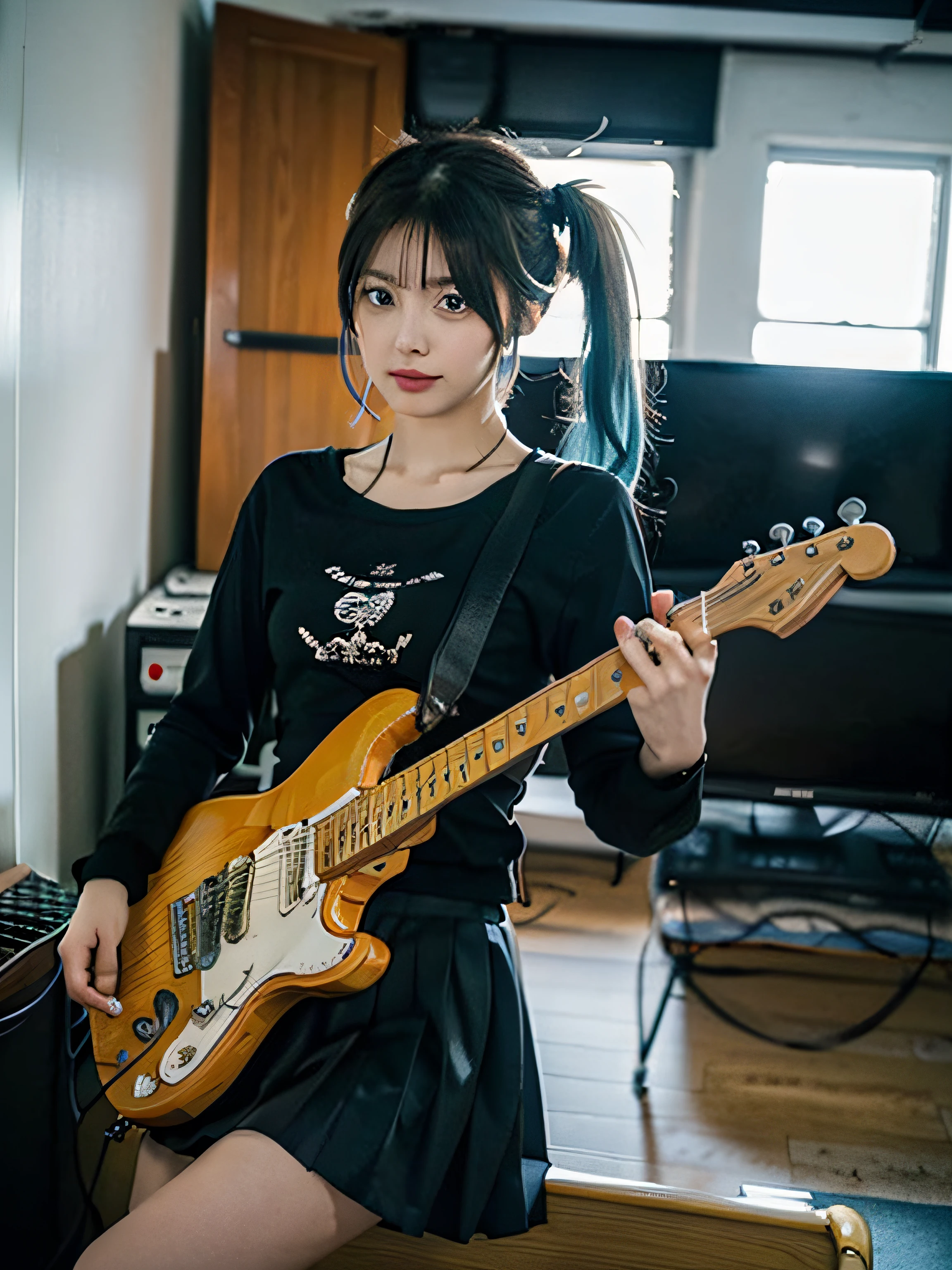 top-quality、8k picture、((masutepiece, Best Quality))1girl in, Solo, Black Dress, Blue eyes, electric guitar, Guitar, headphones, double ponytails, Holding, holding plectrum, musical instrument, Long hair, Music, One side up, Teal Hair, Twin-tailed, playing guiter, Pleated skirt, Black shirt, interiors