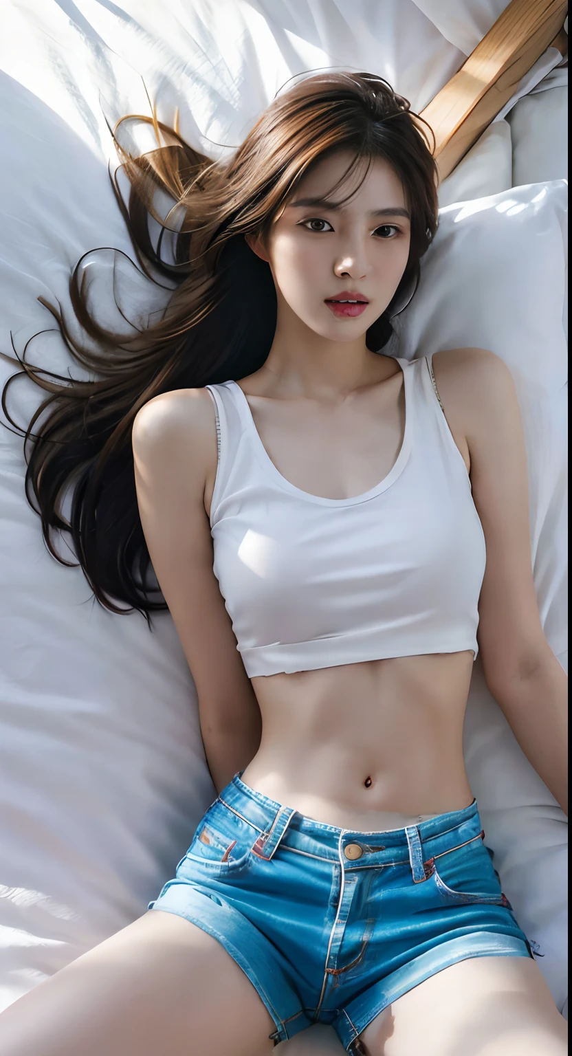 Arakfi Asian woman lying on bed，hair blowing in wind, photo of slim girl model, Gorgeous young Korean woman, beautiful Korean women, sexy body and sexy abdomen, Model with attractive body, Beautiful young Korean woman, gorgeous chinese models, Korean girl, Beautiful Asian girl, photo of slim girl, Her navel was exposed